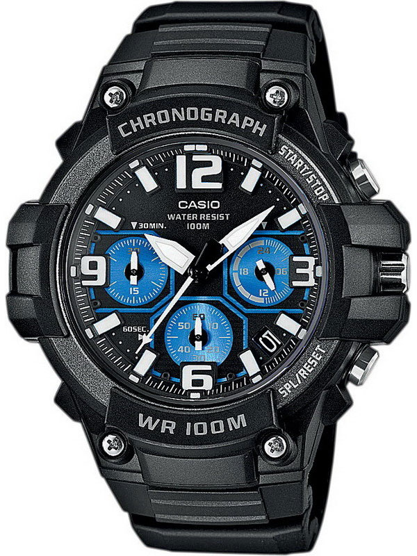 Часы мужские наручные Casio, цвет: черный, синий. MCW-100H-1A2MCW-100H-1A2 Часы мужские наручные Casio, цвет: черный, синий. MCW-100H-1A2MCW-100H-1A2Стильные мужские часы Casio выполнены из полимерных материалов и минерального стекла. Изделие оформлено символикой бренда. В часах предусмотрен аналоговый отсчет времени. Часы оснащены кварцевым механизмом с тремя стрелками, полированным корпусом, устойчивым к царапинам минеральным стеклом, степенью влагозащиты 5atm, тремя дополнительными циферблатами с индикаторами. Функция секундомера позволит замерять прошедшее время в пределах тысячи часов с точностью 1/100 секунды. Изделие дополнено ремешком из полимерного материала, который обладает антибактериальными и запахоустойчивыми свойствами. Ремешок застегивается на пряжку, позволяющую максимально комфортно и быстро снимать и одевать часы. Часы поставляются в фирменной упаковке. Многофункциональные часы Casio подчеркнут мужской характер и отменное чувство стиля у их обладателя.