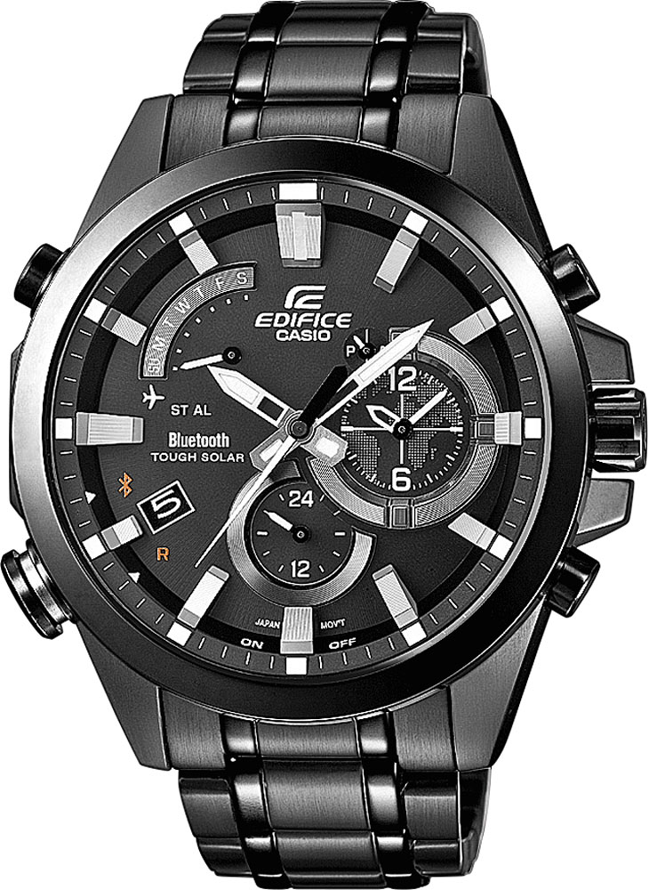 Часы мужские наручные Casio, цвет: черный. EQB-510DC-1AEQB-510DC-1A Часы мужские наручные Casio, цвет: черный. EQB-510DC-1AEQB-510DC-1AСтильные мужские часы Casio EDIFICE выполнены из нержавеющей стали и минерального стекла. Изделие оформлено символикой бренда. В часах предусмотрен аналоговый отсчет времени. Часы оснащены Bluetooth и функцией Mobile Link, которая позволяет синхронизировать часы с смартфоном для автоматической корректировки времени. Функция мирового времени позволяет мгновенно выяснять текущее время в любой точке земного шара. Часы могут быть настроены на подачу тонального или светового сигнала при наступлении выставленного времени. Функция таймера позволит обеспечить обратный отсчет времени, начиная с выставленного и подачу тонального или светового сигнала, когда отсчет доходит до нуля. Функция секундомера позволит замерять прошедшее время в пределах тысячи часов с точностью 1/100 секунды, предусмотрен будильник. Дополнительные функции: барометр, цифровой компас, альтиметр, термометр, будильник. Степень влагозащиты 20 atm. Изделие дополнено стальным браслетом, который застегивается...