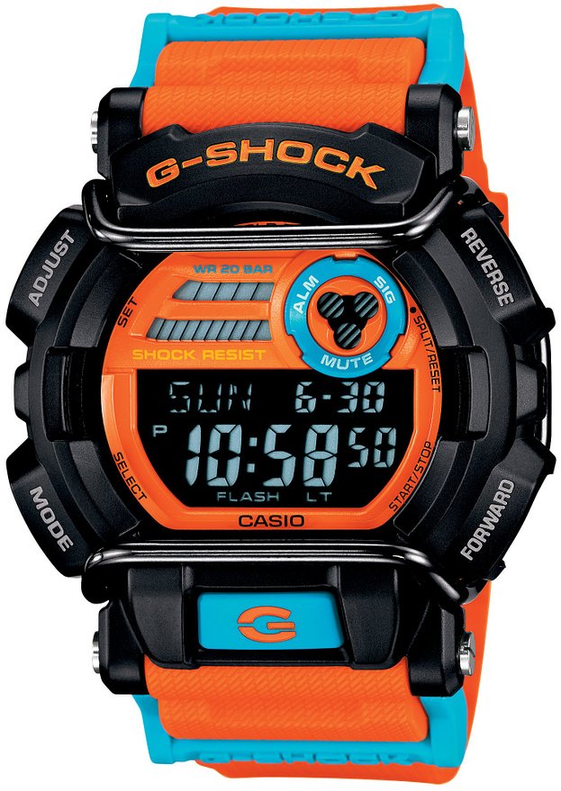 Часы мужские наручные Casio G-Shock, цвет: черный, оранжевый, голубой. GD-400DN-4EGD-400DN-4E Часы мужские наручные Casio G-Shock, цвет: черный, оранжевый, голубой. GD-400DN-4EGD-400DN-4EСтильные мужские часы Casio G-Shock выполнены из полимерного пластика и нержавеющей стали. Часы оформлены символикой бренда. Изделие оснащено сверхмощной автоматической LED-подсветкой, секундомером, будильником, функцией мирового времени, секундомера, таймера, автоматическим календарем, суточным временем, а также имеет степень влагозащиты равную 20 atm. Ремешок изделия выполнен из полимерного пластика, оснащен пряжкой, которая позволит моментально снимать и надевать часы без лишних усилий. Изделие поставляется в фирменной упаковке. Часы Casio G-Shock подчеркнут мужской характер и отменное чувство стиля у их обладателя.