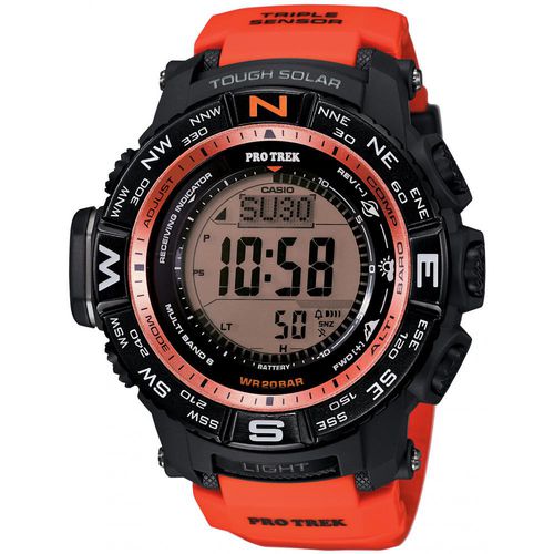 Часы мужские наручные Casio PRO TREK, цвет: черный, красный. PRW-3500Y-4EPRW-3500Y-4E Часы мужские наручные Casio PRO TREK, цвет: черный, красный. PRW-3500Y-4EPRW-3500Y-4EСтильные мужские часы Casio PRO TREK выполнены из полимерных материалов и минерального стекла. Изделие дополнено подсветкой высокой яркости, корпус часов оформлен символикой бренда. В часах предусмотрен цифровой отсчет времени. Часы оснащены функцией мирового времени, которая позволяет мгновенно выяснять текущее время. Часы могут быть настроены на подачу тонального или светового сигнала при наступлении выставленного времени. Функция таймера позволит обеспечить обратный отсчет времени, начиная с выставленного и подачу тонального или светового сигнала, когда отсчет доходит до нуля. Функция секундомера позволит замерять прошедшее время в пределах тысячи часов с точностью 1/100 секунды, предусмотрен будильник, термометр, цифровой компас, альтиметр, барометр. Степень влагозащиты 20 atm. Изделие дополнено ремешком из полимерного материала, который обладает антибактериальными и запахоустойчивыми свойствами. Ремешок застегивается на пряжку, позволяющую максимально комфортно и быстро...