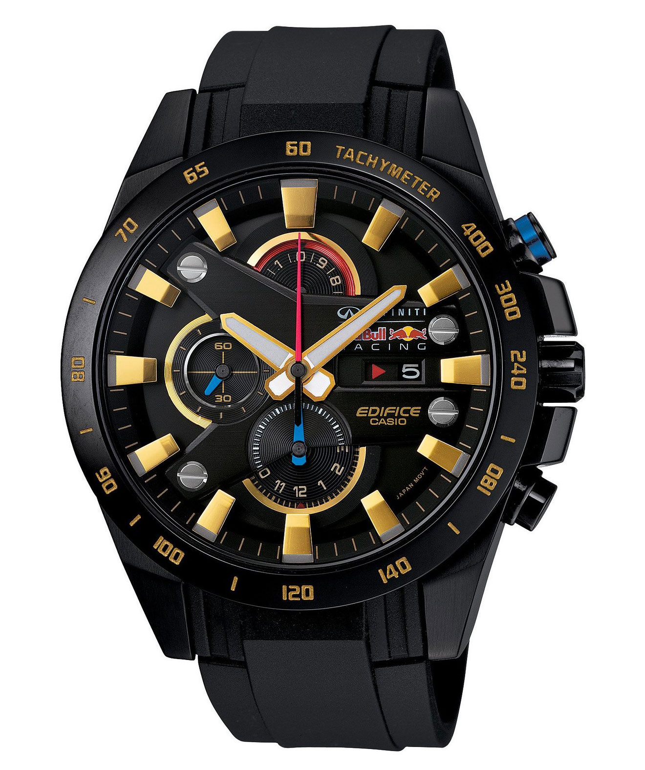 Часы мужские наручные Casio, цвет: черный, золотистый. EFR-540RBP-1AEFR-540RBP-1A Часы мужские наручные Casio, цвет: черный, золотистый. EFR-540RBP-1AEFR-540RBP-1AСтильные мужские часы Casio EDIFICE выполнены из нержавеющей стали и минерального стекла. Изделие оформлено символикой бренда. В часах предусмотрен аналоговый отсчет времени. Функция мирового времени позволяет мгновенно выяснять текущее время в любой точке земного шара. Функция секундомера позволит замерять прошедшее время в пределах тысячи часов с точностью 1/100 секунды, предусмотрен будильник. Степень влагозащиты 10 atm. Изделие дополнено ремешком из полимерного материала, который обладает антибактериальными и запахоустойчивыми свойствами. Ремешок застегивается на пряжку, позволяющую максимально комфортно и быстро снимать и одевать часы. Часы поставляются в фирменной упаковке. Многофункциональные часы Casio EDIFICE подчеркнут мужской характер и отменное чувство стиля у их обладателя.