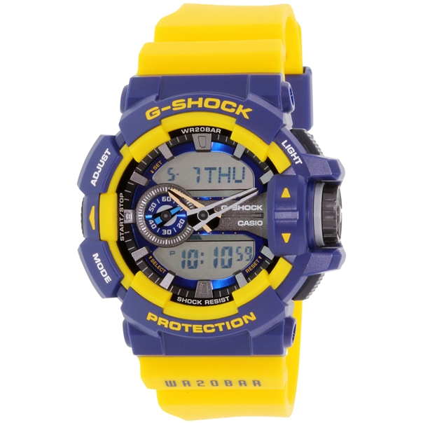 Часы мужские наручные Casio G-SHOCK, цвет: желтый, синий. GA-400-9BGA-400-9B Часы мужские наручные Casio G-SHOCK, цвет: желтый, синий. GA-400-9BGA-400-9BСтильные мужские часы Casio G-SHOCK выполнены из полимерных материалов и минерального стекла. Изделие дополнено светодиодной подсветкой высокой яркости, корпус часов оформлен символикой бренда. В часах предусмотрен аналоговый и цифровой отсчет времени. Часы оснащены функцией мирового времени, которая позволяет мгновенно выяснять текущее время. Часы могут быть настроены на подачу тонального или светового сигнала при наступлении выставленного времени. Функция таймера позволит обеспечить обратный отсчет времени, начиная с выставленного и подачу тонального или светового сигнала, когда отсчет доходит до нуля. Функция секундомера позволит замерять прошедшее время в пределах тысячи часов с точностью 1/100 секунды. Степень влагозащиты 20 atm. Изделие дополнено ремешком из полимерного материала, который обладает антибактериальными и запахоустойчивыми свойствами. Ремешок застегивается на пряжку, позволяющую максимально комфортно и быстро снимать и одевать часы. Часы поставляются в...