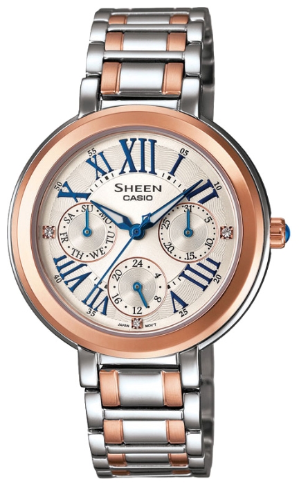 Часы женские наручные CASIO SHEEN, цвет: золотистый, стальной. SHE-3034SG-7ASHE-3034SG-7A Часы женские наручные CASIO SHEEN, цвет: золотистый, стальной. SHE-3034SG-7ASHE-3034SG-7AЭлегантные женские часы CASIO SHEEN выполнены из нержавеющей стали, минерального стекла. Циферблат изделия дополнен светящимся составом на стрелках, символикой бренда и кристаллами Swarovski. Часы оснащены полированным ударостойким корпусом, устойчивым к царапинам минеральным стеклом, тремя дополнительными циферблатами с индикаторами даты и дня недели, а также степенью влагозащиты 5 atm. Изделие дополнено стальным браслетом, позволяющим максимально комфортно и быстро снимать и одевать часы при помощи замка-клипсы. Часы поставляются в фирменной упаковке. Часы CASIO SHEEN подчеркнут изящество женской руки и отменное чувство стиля их обладательницы.