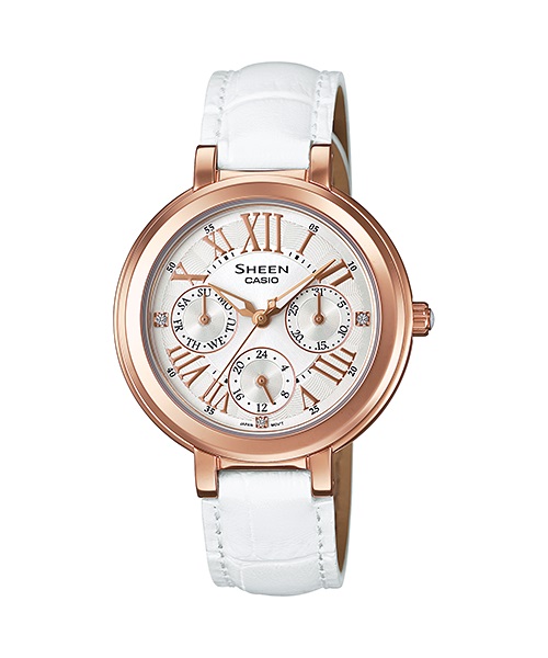 Часы женские наручные CASIO SHEEN, цвет: розовое золото, белый. SHE-3034GL-7ASHE-3034GL-7A Часы женские наручные CASIO SHEEN, цвет: розовое золото, белый. SHE-3034GL-7ASHE-3034GL-7AЭлегантные женские часы CASIO SHEEN выполнены из нержавеющей стали, минерального стекла и натуральной кожи. Циферблат изделия дополнен символикой бренда и кристаллами Swarovski. Часы оснащены полированным ударостойким корпусом, устойчивым к царапинам минеральным стеклом, индикаторами даты, а также степенью влагозащиты 5 atm. Изделие дополнено кожаным ремешком с декоративным тиснением под рептилию, позволяющим максимально комфортно и быстро снимать и одевать часы при помощи замка-клипсы. Часы поставляются в фирменной упаковке. Часы CASIO SHEEN подчеркнут изящество женской руки и отменное чувство стиля их обладательницы.