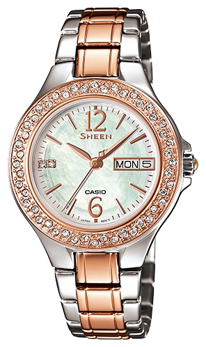 Часы женские наручные CASIO SHEEN, цвет: розовое золото, стальной. SHE-4800SG-7ASHE-4800SG-7A Часы женские наручные CASIO SHEEN, цвет: розовое золото, стальной. SHE-4800SG-7ASHE-4800SG-7AЭлегантные женские часы CASIO SHEEN выполнены из нержавеющей стали, минерального стекла. Циферблат изделия дополнен символикой бренда и кристаллами Swarovski и перламутром. Часы оснащены полированным ударостойким корпусом, устойчивым к царапинам минеральным стеклом, индикатором даты, а также степенью влагозащиты 5 atm. Изделие дополнено стальным браслетом, позволяющим максимально комфортно и быстро снимать и одевать часы при помощи замка-клипсы. Часы поставляются в фирменной упаковке. Часы CASIO SHEEN подчеркнут изящество женской руки и отменное чувство стиля их обладательницы.