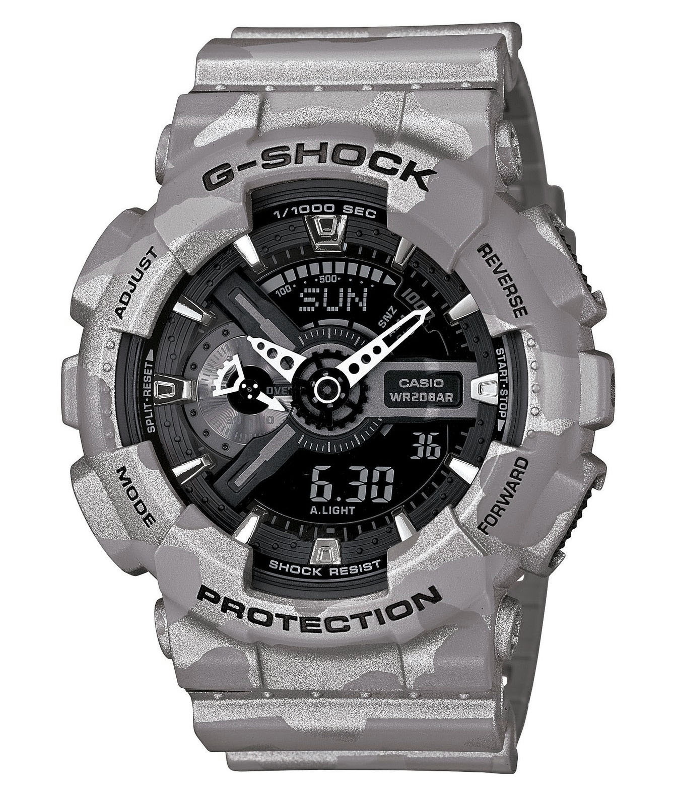 Часы мужские наручные Casio G-SHOCK, цвет: серый, камуфляж. GA-110CM-8AGA-110CM-8A Часы мужские наручные Casio G-SHOCK, цвет: серый, камуфляж. GA-110CM-8AGA-110CM-8AСтильные мужские часы Casio G-SHOCK выполнены из полимерных материалов и минерального стекла. Изделие дополнено светодиодной подсветкой высокой яркости, корпус часов оформлен символикой бренда и оригинальным принтом. В часах предусмотрен аналоговый и цифровой отсчет времени. Часы оснащены функцией мирового времени, которая позволяет мгновенно выяснять текущее время. Часы могут быть настроены на подачу тонального или светового сигнала при наступлении выставленного времени. Функция таймера позволит обеспечить обратный отсчет времени, начиная с выставленного и подачу тонального или светового сигнала, когда отсчет доходит до нуля. Функция секундомера позволит замерять прошедшее время в пределах тысячи часов с точностью 1/100 секунды, предусмотрен будильник. Степень влагозащиты 20 atm. Изделие дополнено ремешком из полимерного материала, который обладает антибактериальными и запахоустойчивыми свойствами. Ремешок застегивается на пряжку, позволяющую максимально комфортно и быстро...