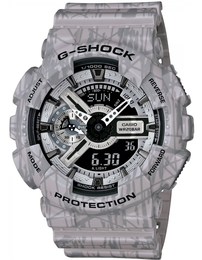 Часы мужские наручные Casio G-SHOCK, цвет: серый. GA-110SL-8AGA-110SL-8A Часы мужские наручные Casio G-SHOCK, цвет: серый. GA-110SL-8AGA-110SL-8AСтильные мужские часы Casio G-SHOCK выполнены из полимерных материалов и минерального стекла. Изделие дополнено светодиодной подсветкой высокой яркости, корпус часов оформлен символикой бренда и оригинальным принтом. В часах предусмотрен аналоговый и цифровой отсчет времени. Часы оснащены функцией мирового времени, которая позволяет мгновенно выяснять текущее время. Часы могут быть настроены на подачу тонального или светового сигнала при наступлении выставленного времени. Функция таймера позволит обеспечить обратный отсчет времени, начиная с выставленного и подачу тонального или светового сигнала, когда отсчет доходит до нуля. Функция секундомера позволит замерять прошедшее время в пределах тысячи часов с точностью 1/100 секунды, предусмотрен будильник. Степень влагозащиты 20 atm. Изделие дополнено ремешком из полимерного материала, который обладает антибактериальными и запахоустойчивыми свойствами. Ремешок застегивается на пряжку, позволяющую максимально комфортно и быстро...
