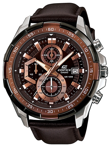 Часы мужские наручные CASIO EDIFICE, цвет: коричневый, стальной. EFR-539L-5AEFR-539L-5A Часы мужские наручные CASIO EDIFICE, цвет: коричневый, стальной. EFR-539L-5AEFR-539L-5AСтильные мужские часы CASIO EDIFICE выполнены из нержавеющей стали, натуральной кожи с тиснением под рептилию и минерального стекла. Циферблат изделия дополнен светящимся составом на стрелках и символикой бренда. Часы оснащены полированным ударостойким корпусом, устойчивым к царапинам минеральным стеклом, секундомером, тремя дополнительными циферблатами, индикатором даты, а также степенью влагозащиты 10 atm. Изделие дополнено ремнем из натуральной кожи, позволяющим максимально комфортно и быстро снимать и одевать часы при помощи пряжки. Часы поставляются в фирменной упаковке. Часы CASIO EDIFICE подчеркнут мужской характер и отменное чувство стиля у их обладателя.