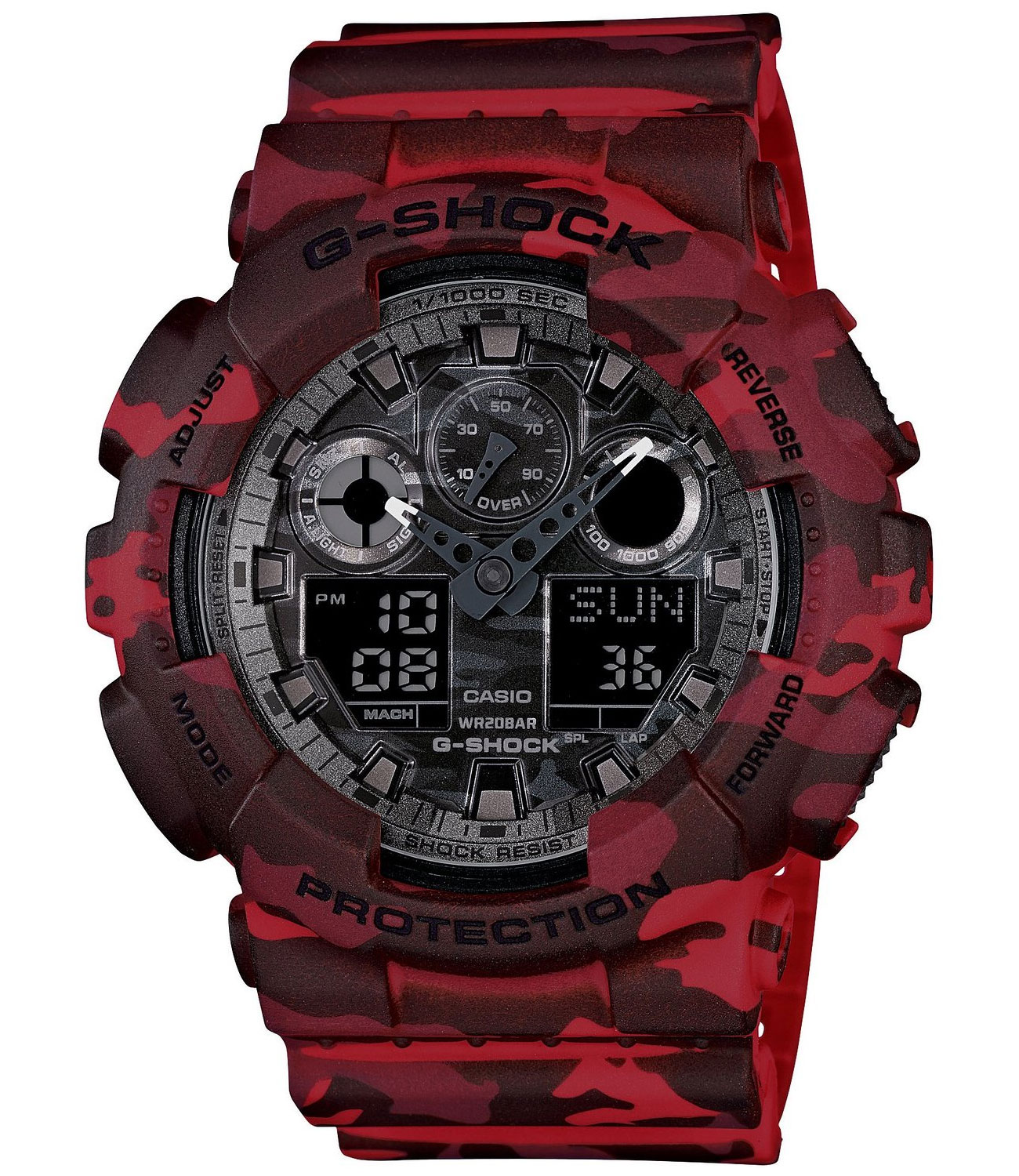Часы наручные мужские Casio G-SHOCK, цвет: красный, камуфляж. GA-100CM-4AGA-100CM-4A Часы наручные мужские Casio G-SHOCK, цвет: красный, камуфляж. GA-100CM-4AGA-100CM-4AСтильные мужские часы Casio G-SHOCK выполнены из полимерных материалов и минерального стекла. Изделие дополнено светодиодной подсветкой высокой яркости, корпус часов оформлен символикой бренда и оригинальным принтом камуфляж. В часах предусмотрен аналоговый и цифровой отсчет времени. Часы оснащены функцией мирового времени, которая позволяет мгновенно выяснять текущее время. Часы могут быть настроены на подачу тонального или светового сигнала при наступлении выставленного времени. Функция таймера позволит обеспечить обратный отсчет времени, начиная с выставленного и подачу тонального или светового сигнала, когда отсчет доходит до нуля. Функция секундомера позволит замерять прошедшее время в пределах тысячи часов с точностью 1/100 секунды, предусмотрен будильник. Степень влагозащиты 20 atm. Изделие дополнено ремешком из полимерного материала, который обладает антибактериальными и запахоустойчивыми свойствами. Ремешок застегивается на пряжку, позволяющую максимально комфортно и...