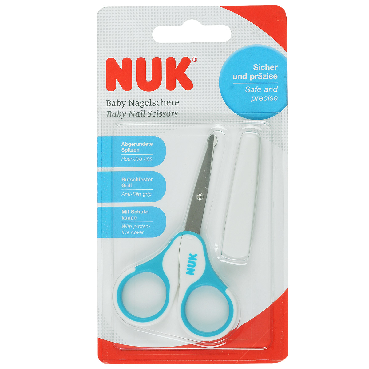 NUK Детские ножницы, цвет: бирюзовый10 256 257 бирюзовый NUK Детские ножницы, цвет: бирюзовый10 256 257 бирюзовыйДетские ножницы Nuk изготовлены из высококачественной нержавеющей стали. Ручки выполнены из прочного цветного пластика. Легкие и удобные, ножницы безопасны в использовании, кончики режущих кромок закруглены. Предназначены для бережного ухода за ногтями малыша. В наборе - защитный колпачок для хранения.