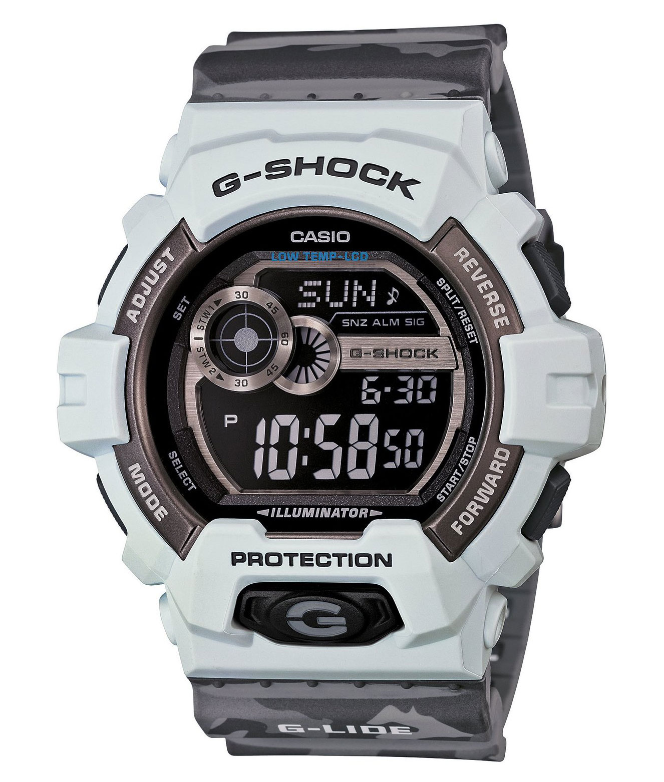 Часы мужские наручные Casio G-SHOCK, цвет: светлосерый, серый. GLS-8900CM-8EGLS-8900CM-8E Часы мужские наручные Casio G-SHOCK, цвет: светлосерый, серый. GLS-8900CM-8EGLS-8900CM-8EСтильные мужские часы Casio G-SHOCK выполнены из полимерных материалов и минерального стекла. Изделие дополнено светодиодной подсветкой высокой яркости, корпус часов оформлен символикой бренда и оригинальным принтом камуфляж. В часах предусмотрен цифровой отсчет времени. Часы оснащены функцией мирового времени, которая позволяет мгновенно выяснять текущее время. Часы могут быть настроены на подачу тонального или светового сигнала при наступлении выставленного времени. Функция таймера позволит обеспечить обратный отсчет времени, начиная с выставленного и подачу тонального или светового сигнала, когда отсчет доходит до нуля. Функция секундомера позволит замерять прошедшее время в пределах тысячи часов с точностью 1/100 секунды, предусмотрен будильник. Степень влагозащиты 20 atm. Изделие дополнено ремешком из полимерного материала, который обладает антибактериальными и запахоустойчивыми свойствами. Ремешок застегивается на пряжку, позволяющую максимально комфортно и быстро...