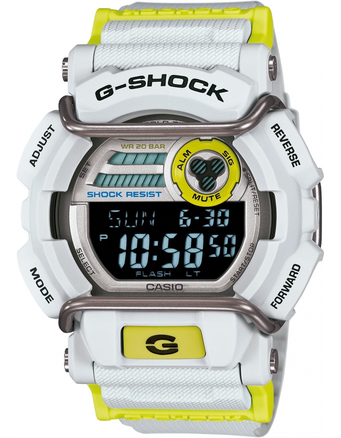 Часы мужские наручные Casio G-SHOCK, цвет: светлосерый, салатовый. GD-400DN-8EGD-400DN-8E Часы мужские наручные Casio G-SHOCK, цвет: светлосерый, салатовый. GD-400DN-8EGD-400DN-8EСтильные мужские часы Casio G-SHOCK выполнены из полимерных материалов и минерального стекла. Изделие дополнено светодиодной подсветкой высокой яркости, корпус часов оформлен символикой бренда. В часах предусмотрен цифровой отсчет времени. Часы оснащены функцией мирового времени, которая позволяет мгновенно выяснять текущее время. Часы могут быть настроены на подачу тонального или светового сигнала при наступлении выставленного времени. Функция таймера позволит обеспечить обратный отсчет времени, начиная с выставленного и подачу тонального или светового сигнала, когда отсчет доходит до нуля. Функция секундомера позволит замерять прошедшее время в пределах тысячи часов с точностью 1/100 секунды, предусмотрен будильник. Степень влагозащиты 20 atm. Изделие дополнено ремешком из полимерного материала, который обладает антибактериальными и запахоустойчивыми свойствами. Ремешок застегивается на пряжку, позволяющую максимально комфортно и быстро снимать и одевать часы. Часы...