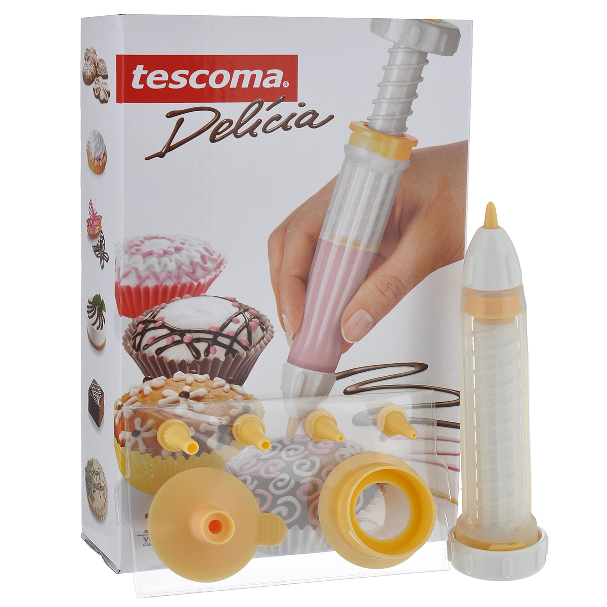 Кондитерский карандаш Tescoma Delicia630536 Кондитерский карандаш Tescoma Delicia630536Кондитерский карандаш Tescoma Delicia отлично подходит для украшения сладких и соленых блюд. С двумя насадками для обычного и очень тонкого украшения, воронкой для удобного наполнения, практичной крышкой для насадок и универсальным чистящим устройством. Карандаш изготовлен из высококачественного силикона и прочной пластмассы. Силиконовый корпус карандаша можно мыть в посудомоечной машине, пластиковые детали в посудомоечной машине мыть не стоит.