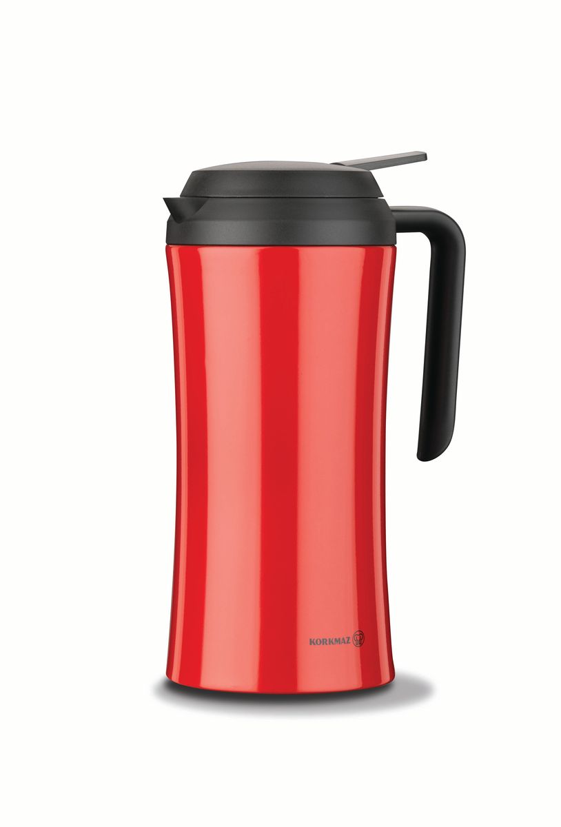 Термос Korkmaz Maxima Thermos, цвет: красный, 1,2 лA541-01 Термос Korkmaz Maxima Thermos, цвет: красный, 1,2 лA541-01Корпус термоса Korkmaz Maxima Thermos изготовлен из нержавеющей стали с цветным покрытием. Термос надежно закрывается ненагревающейся пластиковой завинчивающейся пробкой, которая снабжена кнопкой для дозирования напитков, позволяющая наливать жидкости без отвинчивания. Прочная пластиковая эргономичная ненагревающаяся ручка делает использование термоса легким и удобным. Термос удобно мыть, благодаря широкому открытию крышки. Небъющаяся поверхность создает превосходное сохранение тепла. Горячие напитки остаются горячими в течение нескольких часов, а холодные напитки сохраняют холодную температуру еще дольше. Термос Korkmaz Maxima Thermos отлично подойдет для хранения и транспортировки жидкостей. Высота термоса (с учетом крышки): 25 см. Диаметр основания: 11 см. Диаметр горлышка: 9 см. Объем: 1,2 л.