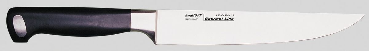 Нож для мяса BergHOFF Gourmet, цвет: металлик-черный, длина лезвия 18 см1399751 Нож для мяса BergHOFF Gourmet, цвет: металлик-черный, длина лезвия 18 см1399751Нож для мяса BergHOFF Gourmet изготовлен из высококачественной хром-молибден-ванадиевой стали (Х50CrMovV15). Эргономичная ручка с выемками для безопасного и удобного удерживания. Нож обладает бесшовной конструкцией и ручной заточкой, кованой шейкой для дополнительного веса, баланса и безопасности рук. Этот нож имеет неширокое лезвие. Один из самых нужных на кухне ножей. Таким ножом удобно сделать ровный разрез всего одним движением. Нож BergHOFF Gourmet предоставит вам все необходимые возможности в успешном приготовлении пищи и порадует вас своими результатами. Рекомендуется мыть вручную. Общая длина ножа: 32 см. Длина лезвия: 18 см.