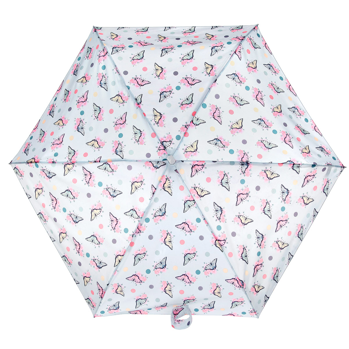 Зонт женский Fulton Tiny-2. Butterfly Spot, механический, 5 сложений, цвет: светло-голубой, розовый. L501-2923L501-2923 Зонт женский Fulton Tiny-2. Butterfly Spot, механический, 5 сложений, цвет: светло-голубой, розовый. L501-2923L501-2923Очаровательный механический зонт Tiny. Butterfly Spot в 5 сложений изготовлен из высокопрочных материалов. Каркас зонта состоит из 6 спиц и прочного алюминиевого стержня. Купол зонта выполнен из прочного полиэстера с водоотталкивающей пропиткой и оформлен оригинальным принтом в виде бабочек и цветов. Рукоятка изготовлена из пластика. Зонт имеет механический механизм сложения: купол открывается и закрывается вручную до характерного щелчка. Небольшой шнурок, расположенный на рукоятке, позволяет надеть изделие на руку при необходимости. Модель закрывается при помощи хлястика на застежку-липучку. К зонту прилагается чехол. Прелестный зонт не только выручит вас в ненастную погоду, но и станет стильным аксессуаром, прекрасно дополнит ваш модный образ. Необыкновенно компактный зонт с легкостью поместится в маленькую сумочку.
