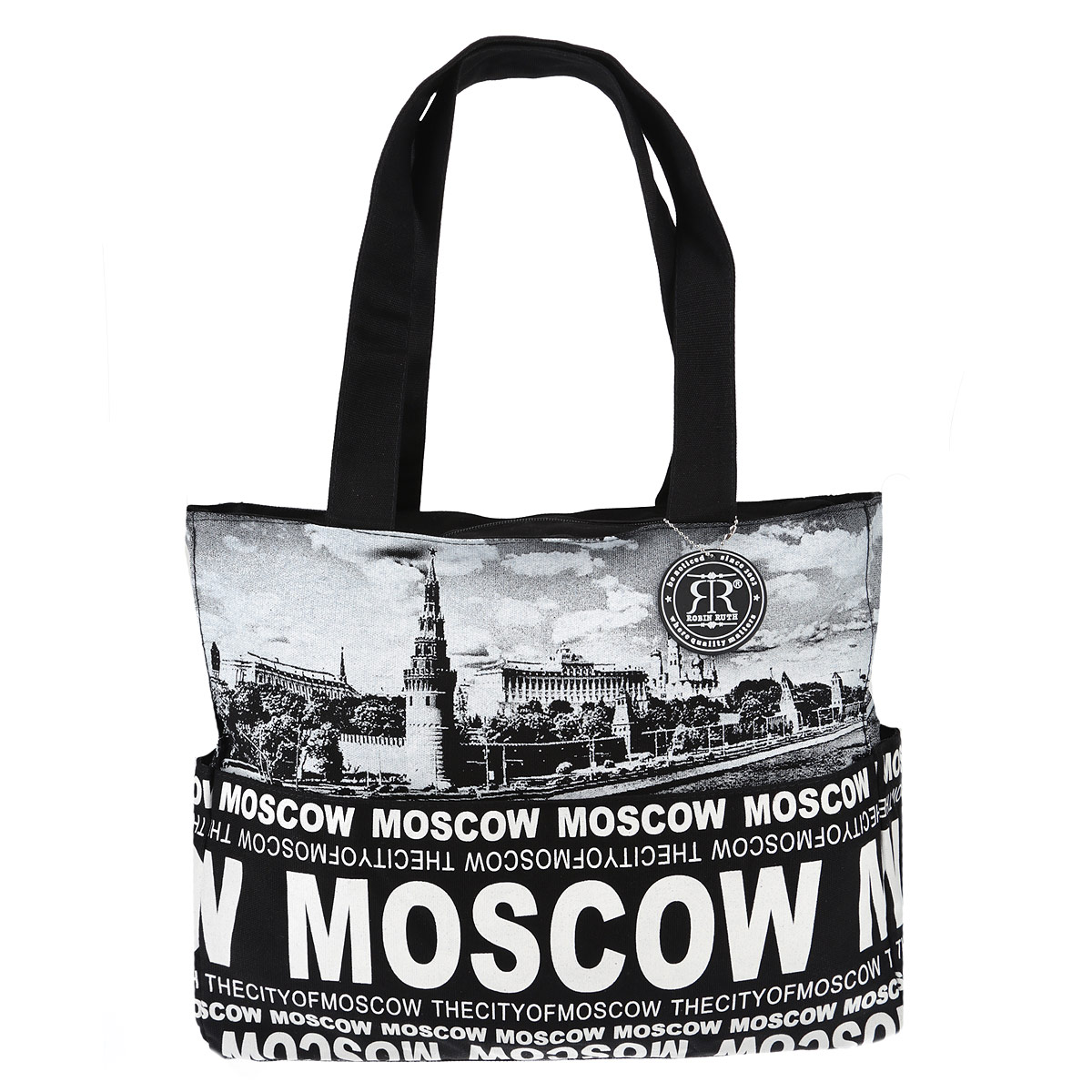 Сумка женская Robin Ruth Moscow, цвет: черный. BRU006-BBRU006-B Сумка женская Robin Ruth Moscow, цвет: черный. BRU006-BBRU006-BСтильная женская сумка Robin Ruth Moscow выполнена из канваса, дополнена оригинальным принтом и подвеской на цепочке с логотипом бренда. Изделие содержит одно основное отделение, закрывающееся на молнию. Внутри: накладной карман для телефона и вшитый карман на молнии. Снаружи сумка дополнена четырьмя накладными карманами, два из которых закрываются на магнитные кнопки. Стильная сумка позволит вам подчеркнуть свою индивидуальность и завершит ваш образ.