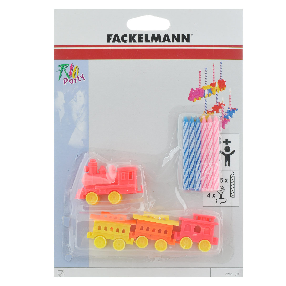 Свечи для торта Fackelmann Rio, с 4 подставками, 6 шт. 5253152531_поезд Свечи для торта Fackelmann Rio, с 4 подставками, 6 шт. 5253152531_поездСвечи для торта Fackelmann Rio выполнены из стеарина. Такие свечи предназначены для украшения торта, полностью сгорают за 10 минут. В комплекте - 4 подставки для свечей, изготовленных из пластика в виде паровозика с вагонами. Вставив такие свечи не просто в праздничный торт, а поместив их на подставки, вы доставите яркие эмоции и радость маленькому имениннику. Количество свечей: 6 шт. Количество подставок: 4 шт. Средний размер подставки: 1,6 см х 3,5 см х 1,6 см. Длина свечи: 6,2 см.
