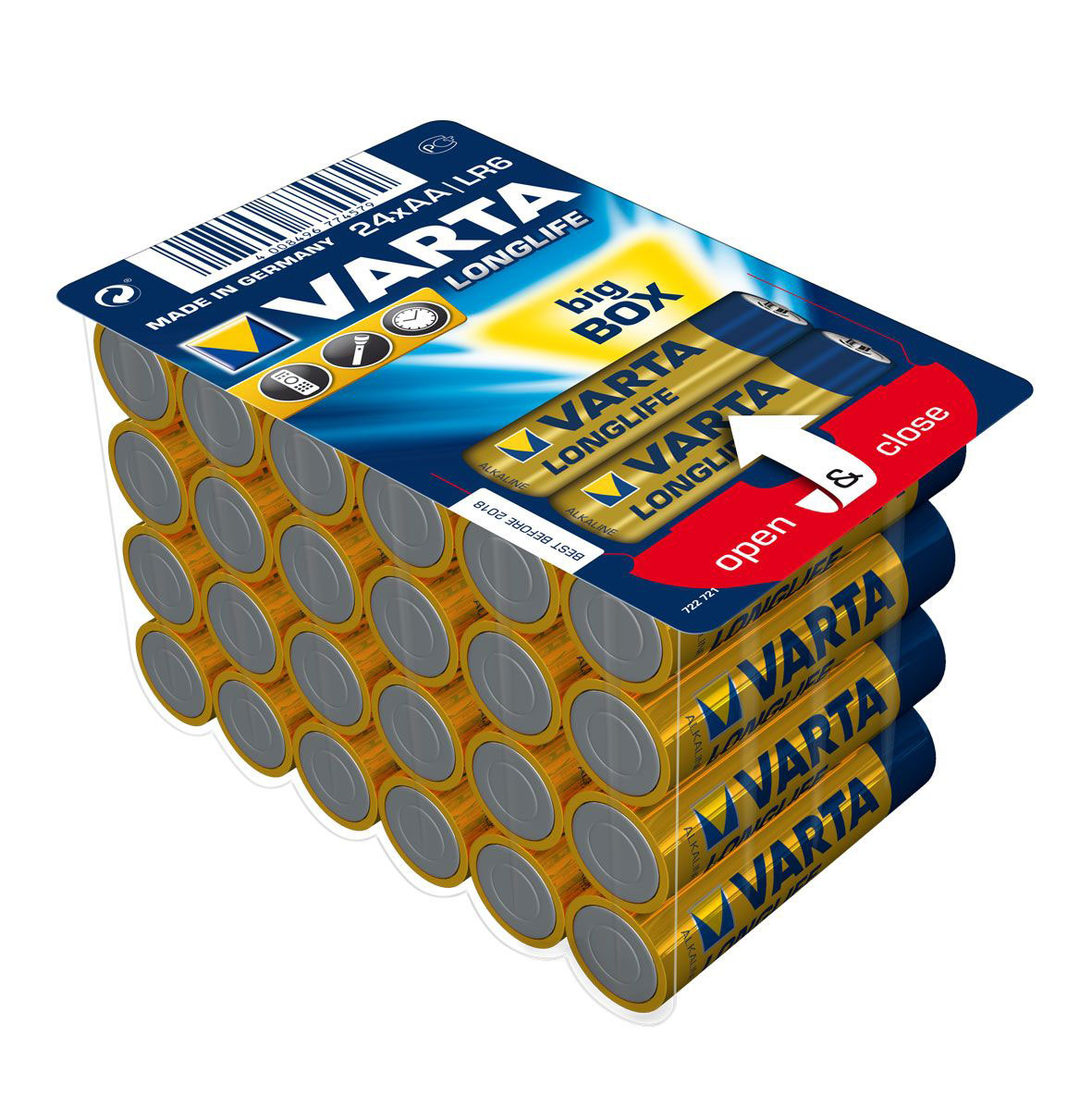 Батарейки Varta Longlife, тип AA, 24 шт39311 Батарейки Varta Longlife, тип AA, 24 шт39311Щелочные гальванические элементы питания Varta Longlife - оптимальный выбор для использования в современных приборах, таких изделиях как фонари, пульты дистанционного управления, часы, диктофоны, электронные игрушки, калькуляторы и т.д. Не разбирать, не перезаряжать, не подносить к открытому огню. Не замыкать контакты. При установке соблюдать полярность (+/-). Хранить в недоступном для детей месте. Размер батарейки: 4,3 см х 1 см. Тип элемента питания: щелочная.