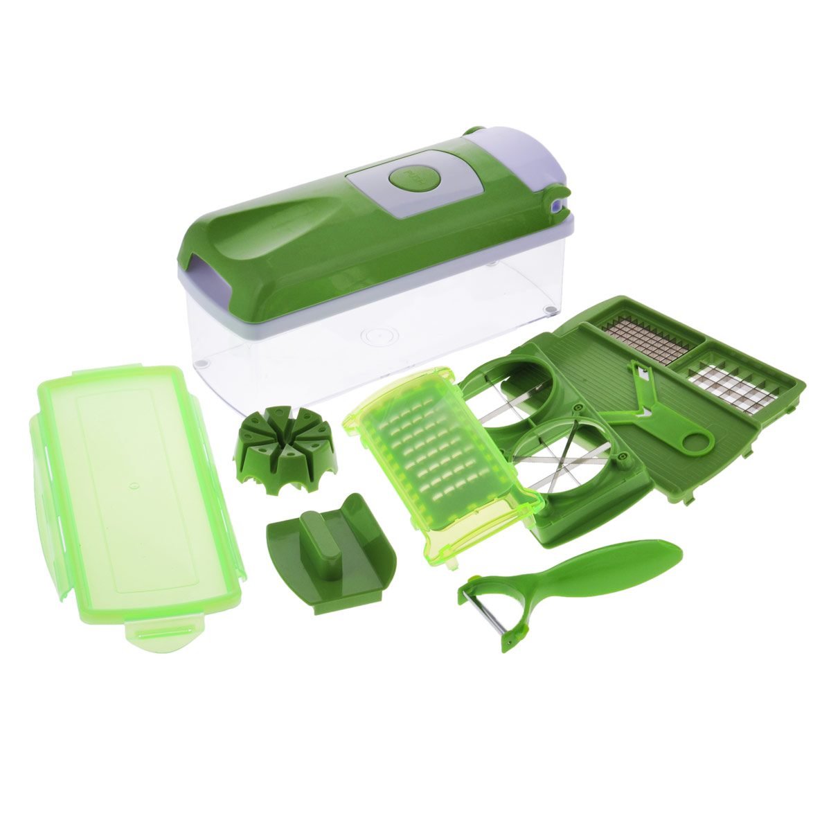 Овощерезка Nicer-Dicer ПЛЮС с контейнером22745 Овощерезка Nicer-Dicer ПЛЮС с контейнером22745Овощерезка Nicer-Dicer - это многофункциональный прибор, который поможет быстро нарезать фрукты и овощи. В комплекте: - лезвие для нарезки кольцами, - насадка для нарезания кольцами, - защитный кожух для насадок, - профессиональная овощечистка, - защитное приспособление для удержания продукта, - устройство для проталкивания продукта, - вкладыш для нарезки, - крышка с механизмом измельчения, - прозрачный контейнер для хранения и сбора объемом 1,5 л., - контейнеры для сбора, - вкладыш для нарезки 2 шт. Такой набор поможет без труда нарезать продукты кубиками, ломтиками или соломкой. Предметы набора можно мыть в посудомоечной машине. Размер контейнера: 27 см х 10 см х 8 см. Длина овощечистки: 15 см. Длина лезвия овощечистки: 5 см.