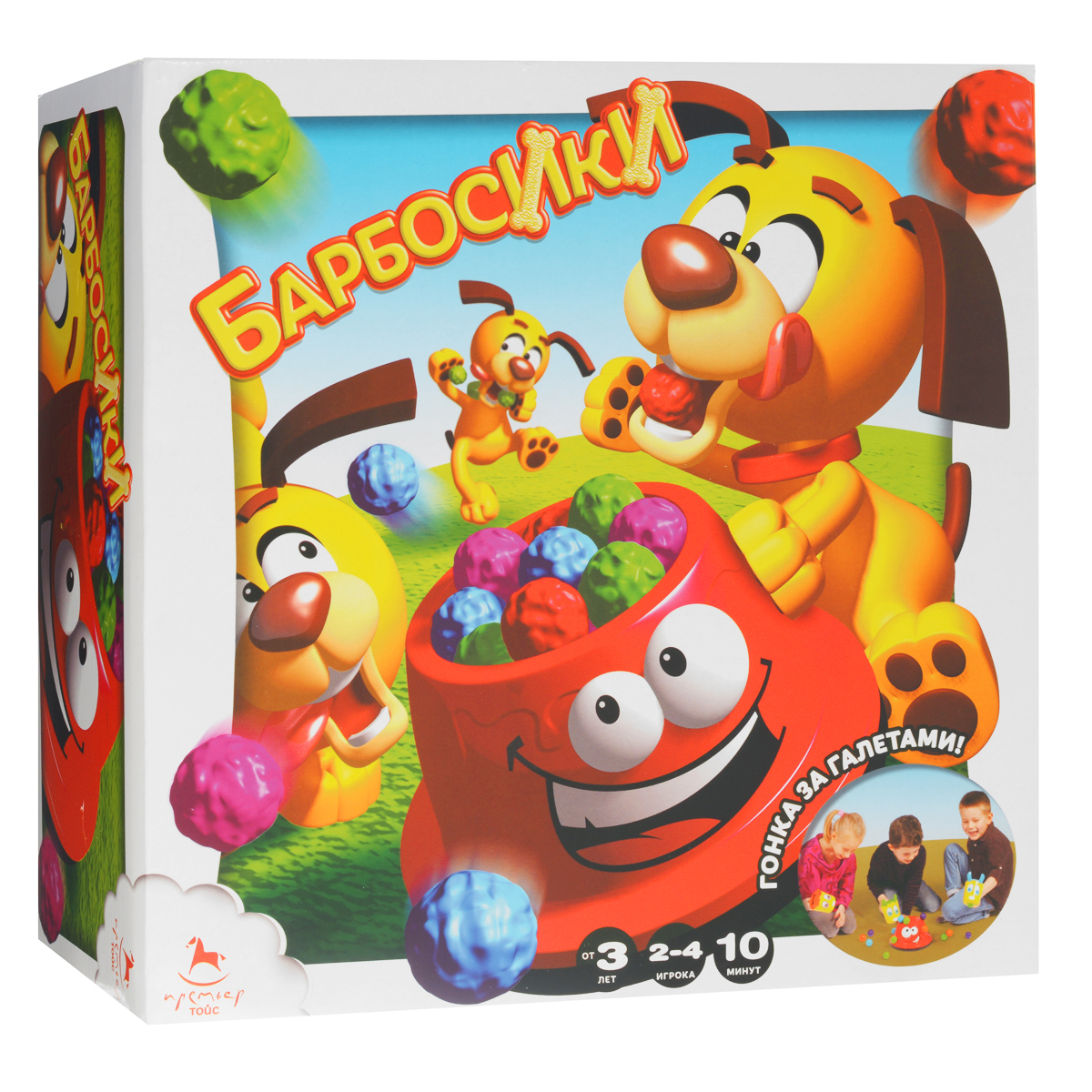 Настольная игра Asmodee БарбосикиJact03Ru Настольная игра Asmodee БарбосикиJact03RuНастольная игра Asmodee Барбосики - это веселая подвижная игра для малышей, рассчитанная на 2-4 игроков. Цель игры - накормить своего Барбосика разноцветными шариками-галетами, а для этого нужно быстро и правильно решить забавные задания на карточках. В эту игру с одинаковым азартом будут играть как трехлетние малыши, так и младшие школьники, ведь игровой процесс в равной степени увлекает непосед разного возраста. Игра не требует длительного изучения правил: выберите цвет своего Барбосика, наденьте на ковш соответствующую крышку, наклейте наклейки. Теперь щенки готовы кушать! Опустите дно миски до упора и потяните за косточку-рычаг. Насыпьте внутрь цветные шарики и нажмите на лапку - шарики начнут подниматься, а затем будут выпадать наружу. Как только шарики упадут на пол - можно приступать к игре. Ударяйте по шарикам ковшиком, чтобы собрать их внутрь. Дети будут состязаться друг с другом, развивая зрительно-моторную координацию, внимательность, цветовое восприятие,...