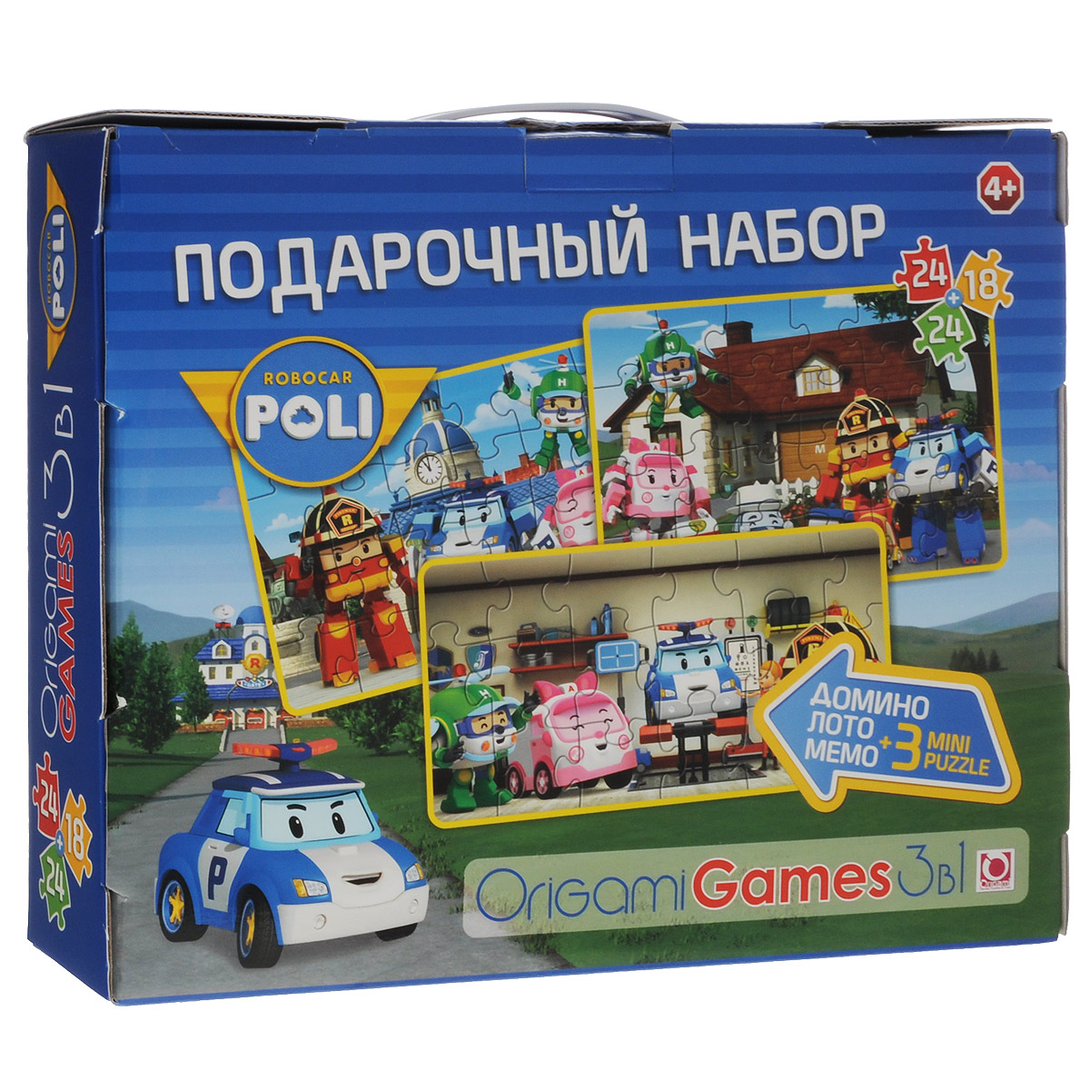 Подарочный набор настольных игр Robocar Poli, 3 в 1: лото, домино, мемо00636 Подарочный набор настольных игр Robocar Poli, 3 в 1: лото, домино, мемо00636Набор настольных игр Robocar Poli содержит 3 игры (лото, домино и мемори), а также 3 мини-пазла (18 элементов и 2х24 элемента). Элементы игр и пазлы оформлены изображениями персонажей одноименного мультсериала. В мультсериале Робокар Поли и его друзья есть 4 основных персонажа. Это роботы-спасатели - 3 машины и 1 вертолет. Большую часть времени они находятся в привычном для людей состоянии, но в случае беды или когда кому-то нужна помощь, они трансформируются в роботов. Для лото вам понадобятся 6 карт лото и 30 карточек с картинками. Каждому участнику выдается большая карта с пятью картинками, каждую из которых надо закрыть карточкой. Игроки по очереди переворачивают карточки, и если находят подходящую, забирают ее себе и выкладывают лицом вверх на такую же картинку на своей карте. Выигрывает тот, кто первым заполнит карточками свою карту. Домино содержит 28 фишек. Положите все карточки на стол картинкой вниз и перемешайте. Определите, кто будет...