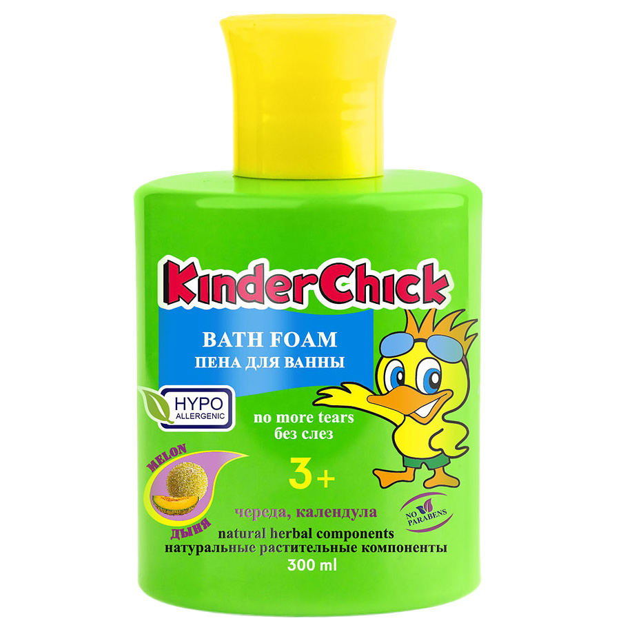 Kinder Chick Детская пена для ванны Дыня, 300 млKCH09 Kinder Chick Детская пена для ванны Дыня, 300 млKCH09Детская пена для ванны Kinder Chick Дыня со вкусным ароматом дыни обязательно понравится вам и вашему ребенку. Пена содержит натуральные растительные экстракты календулы и череды. Без красителей и парабенов, pH-нейтральный. Гипоаллергенно. Разработана специально для мягкого очищения чувствительной детской кожи. Не раздражает кожу, не сушит её, формула без слез не щиплет глазки. Идеально подходит и для взрослых. Товар сертифицирован.