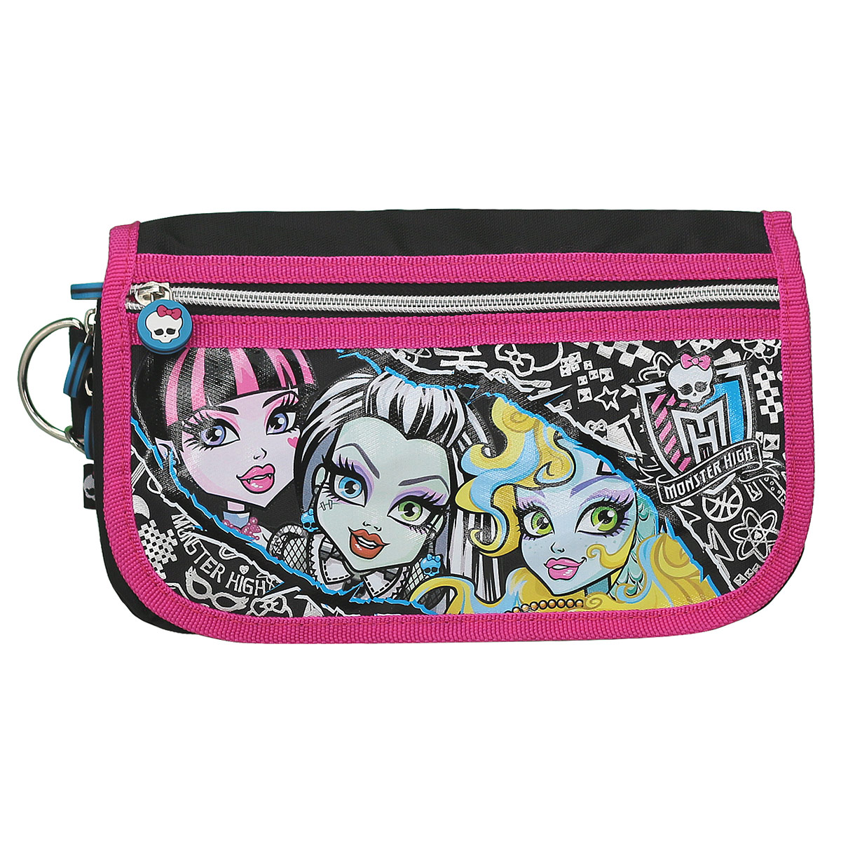 Сумочка детская Monster High. MHAA-UT1-9487MHAA-UT1-9487 Сумочка детская Monster High. MHAA-UT1-9487MHAA-UT1-9487Стильная детская сумочка Monster High, оформленная изображением героинь известного мультсериала Школа Монстров, станет оригинальным и неповторимым дополнением к современному наряду юной модницы. Главный тренд этого года - это стильный клатч. Одно из основных достоинств этих маленьких сумочек - их универсальность У клатча одно главное отделение на молнии. У задней и передней стенок сумки имеются карманы, открытый и на молнии. Все отделения закрываются клапаном, фиксирующимся клепкой. Дополнительный внешний карман на клапане отлично подойдет для хранения документов и мелких предметов. Данная модель носится в руке или через плечо. Лямка свободно отстегивается с помощью карабинов и регулируется по длине, обеспечивая максимальный комфорт. Окантовка сумки выполнена плотного полиэстера. Бегунки молнии декорированы резиновыми элементами в виде черепа. Каждая поклонница Школы Монстров будет в восторге от такого аксессуара!