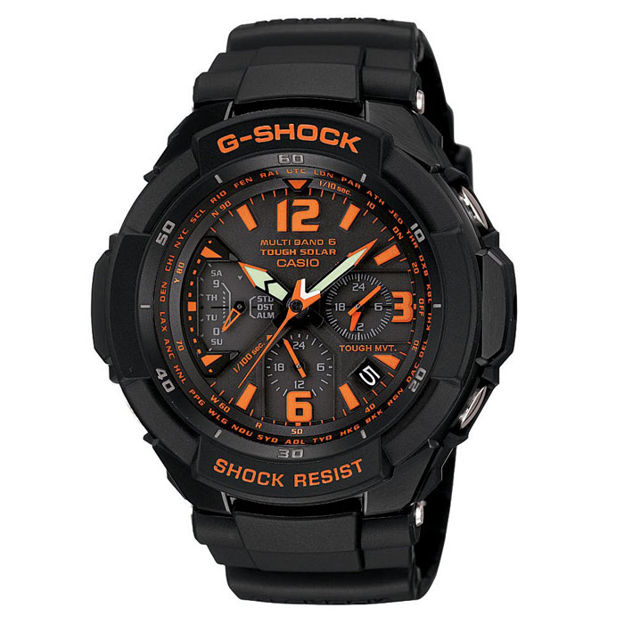Наручные часы Casio GW-3000B-1AGW-3000B-1A Наручные часы Casio GW-3000B-1AGW-3000B-1AПротивоударные: Благодаря противоударной защите часы могут выдержать достаточно сильный удар или сотрясение без негативных последствий. Питание от солнечной энергии: Автономная экологически чистая солнечная панель обеспечивает часы энергией. Неиспользуемая энергия запасается в аккумуляторной батарейке часов. Прием радиосигнала DCF/MSF/WWVB/JJY/BPC: Как в Европе, Северной Америке и Японии, так и в отдаленных районах Канады, Центральной Америки и Китая часы принимают специальный радиосигнал и всегда и всюду показывают точное время. Все что вам нужно сделать - выставить на часах местное поясное время. Также во многих странах благодаря радиосигналу часы сами переходят на летнее время и обратно. Neobrite: Покрытые специальным составом метки на циферблате и/или на стрелках светятся в темноте, если предварительно часы побывали на свету. Мировое время: С помощью функции мирового времени часы отображают время в 29...
