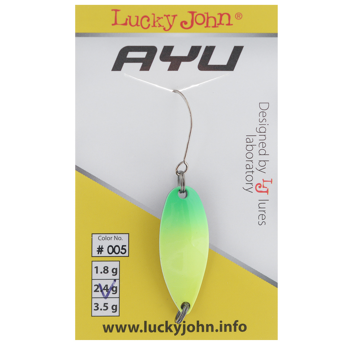 Блесна колеблющаяся Lucky John TR AYU, цвет: зеленый, желтый, 2,4 г150924-005 Блесна колеблющаяся Lucky John TR AYU, цвет: зеленый, желтый, 2,4 г150924-005Lucky John TR AYU - колеблющаяся блесна, которая по достоинству будет оценена прежде всего любителями ловли форели на спиннинговые снасти. На блесне выбито название и вес для удобства. Углубление в хвостовой части обеспечивает плавную игру с покачиванием в разные стороны.