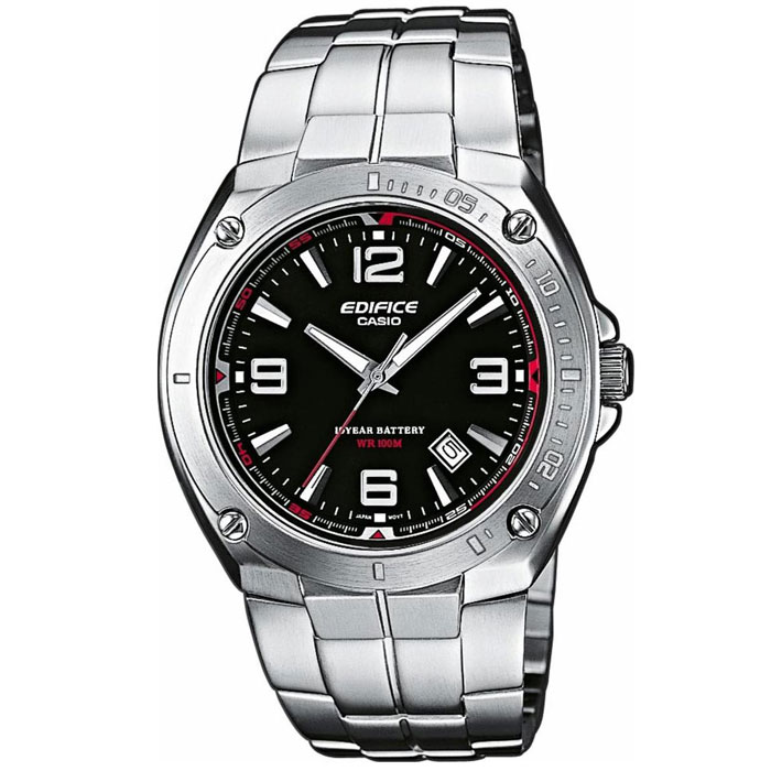 Наручные часы Casio EF-126D-1AFC1245T Наручные часы Casio EF-126D-1AFC1245TМужские часы Casio EF-126D. Светящееся покрытие обеспечивает длительную подсветку в темное время суток после короткого воздействия света. Прочное, устойчивое к царапинам минеральное стекло защищает часы от повреждений. Резьбовое соединение на основании корпуса оптимально защищает внутренний механизм часов и одновременно обеспечивает легкий доступ, например, при замене аккумулятора. Надежный, прочный и элегантный: браслет из нержавеющей стали придает Вашим часам классический вид. Всегда надежно: у этих часов есть особая безопасная предохранительная защелка, которая помогает предотвратить случайное расстегивание ремешка. Десять лет - один аккумулятор. Новые разработки в электронике обеспечивают значительно более низкое потребление энергии. Идеально подходит для плавания с маской и трубкой: часы являются водонепроницаемыми до 10 Бар/на глубине до 100 метров. Значение метров не относится к глубине погружения, но относится к атмосферному...