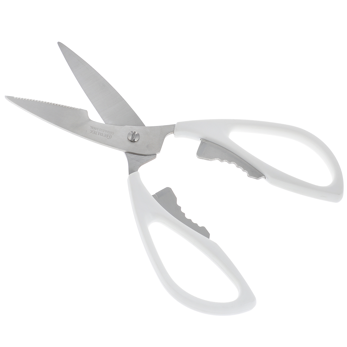 Ножницы Metaltex Brico, цвет: белый, длина 21,5 см25.19.05_белый_белый Ножницы Metaltex Brico, цвет: белый, длина 21,5 см25.19.05_белый_белыйМногофункциональные ножницы Metaltex Brico пригодны для разделки птицы, обработки овощей, резки бумаги, текстиля, раскалывания орехов, открывания бутылок. Ножницы выполнены из первоклассной нержавеющей стали. Эргономично разработанные ручки выполнены из пластика и очень удобны. Длина ножниц: 21,5 см. Длина лезвия: 5 см.