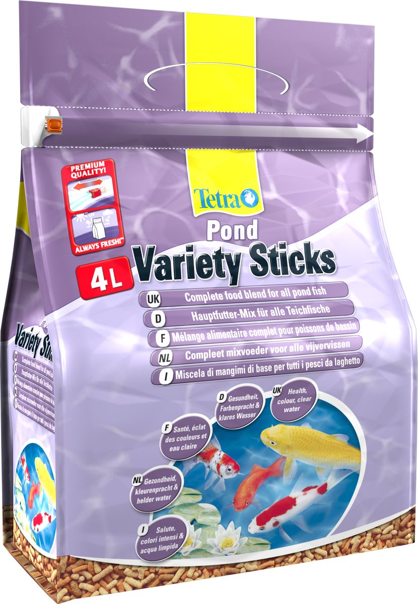 Корм сухой Tetra Pond Variety Sticks для прудовых рыб, 4 л169883 Корм сухой Tetra Pond Variety Sticks для прудовых рыб, 4 л169883Tetra Pond Variety Sticks - это сухой высококачественный корм в виде палочех 3 разных видов, предназначенный для всех видов прудовых рыб. Содержит все необходимые нутриенты, витамины и микроэлементы для сбалансированной и здоровой диеты; Быстро переваривается и легко усваивается рыбами, благодаря высокому содержанию пшеницы в корме; Натуральные биологически активные колоранты способствуют усилению природного окраса; Усиливает резистентность органима рыб благодаря витамину C; Высокая перевариваемость корма снижает уровень загрязнения воды. Товар сертифицирован.