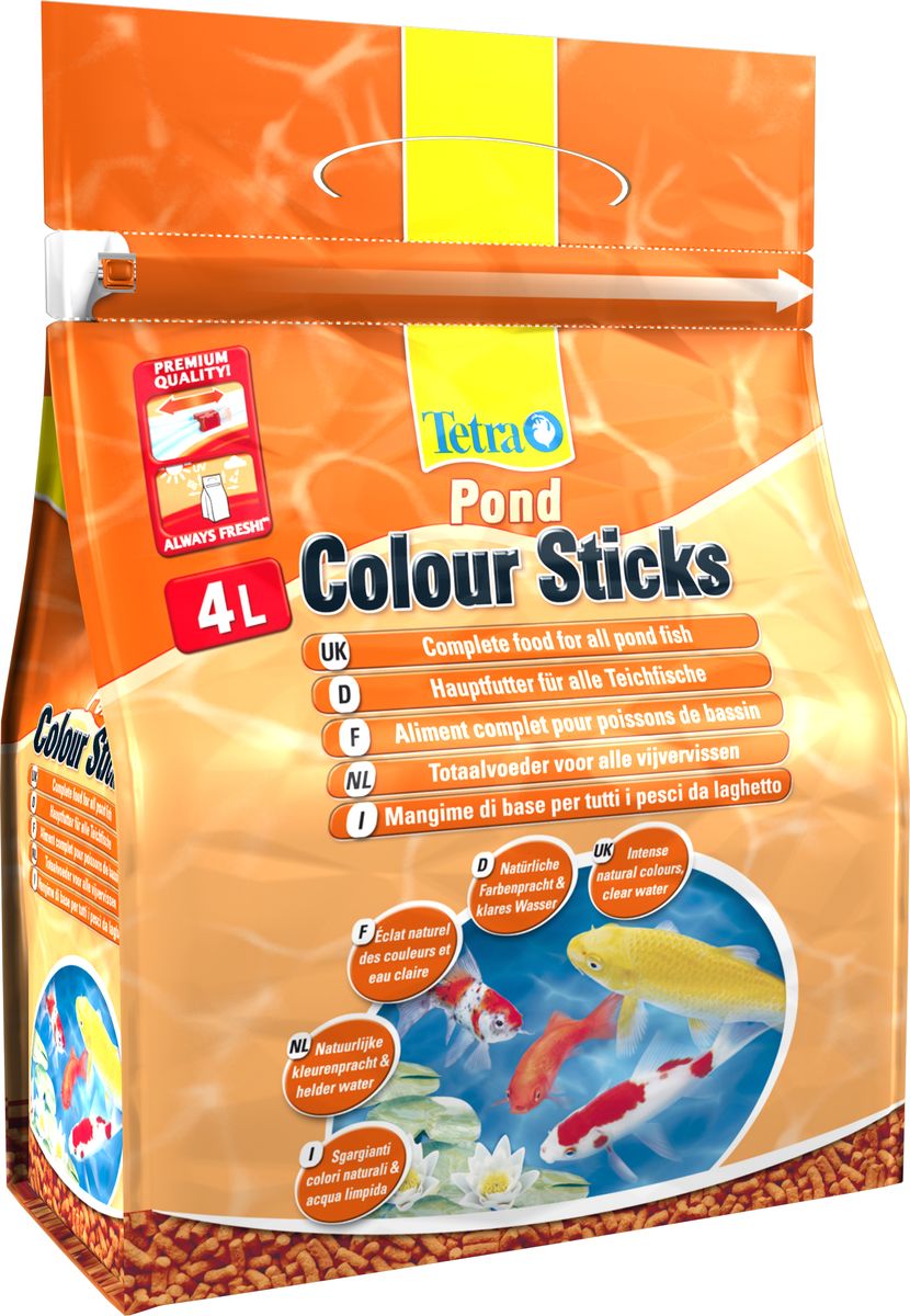 Корм сухой Tetra Pond. Color Sticks для всех видов прудовых рыб, палочки, 4 л (750 г)170148 Корм сухой Tetra Pond. Color Sticks для всех видов прудовых рыб, палочки, 4 л (750 г)170148Сухой корм Tetra Pond. Color Sticks - специальный корм, предназначенный для кормления прудовых рыб. Имеет форму палочек. Корм способствует проявлению естественного окраса рыб во всем его великолепии. В состав корма входят специально отобранные естественные усилители цвета каротиноиды, которые позволяют увеличить интенсивность красного, оранжевого и желтого цветов. Результат кормления заметен уже через несколько недель регулярного питания. Плавающий корм хорошо усваивается питомцами. Продукт содержит естественные усилители окраски, балластные вещества, витамины, микроэлементы. Состав: зерновые культуры, экстракты растительного белка, растительные продукты, рыба и побочные рыбные продукты, дрожжи, минеральные вещества. Товар сертифицирован.