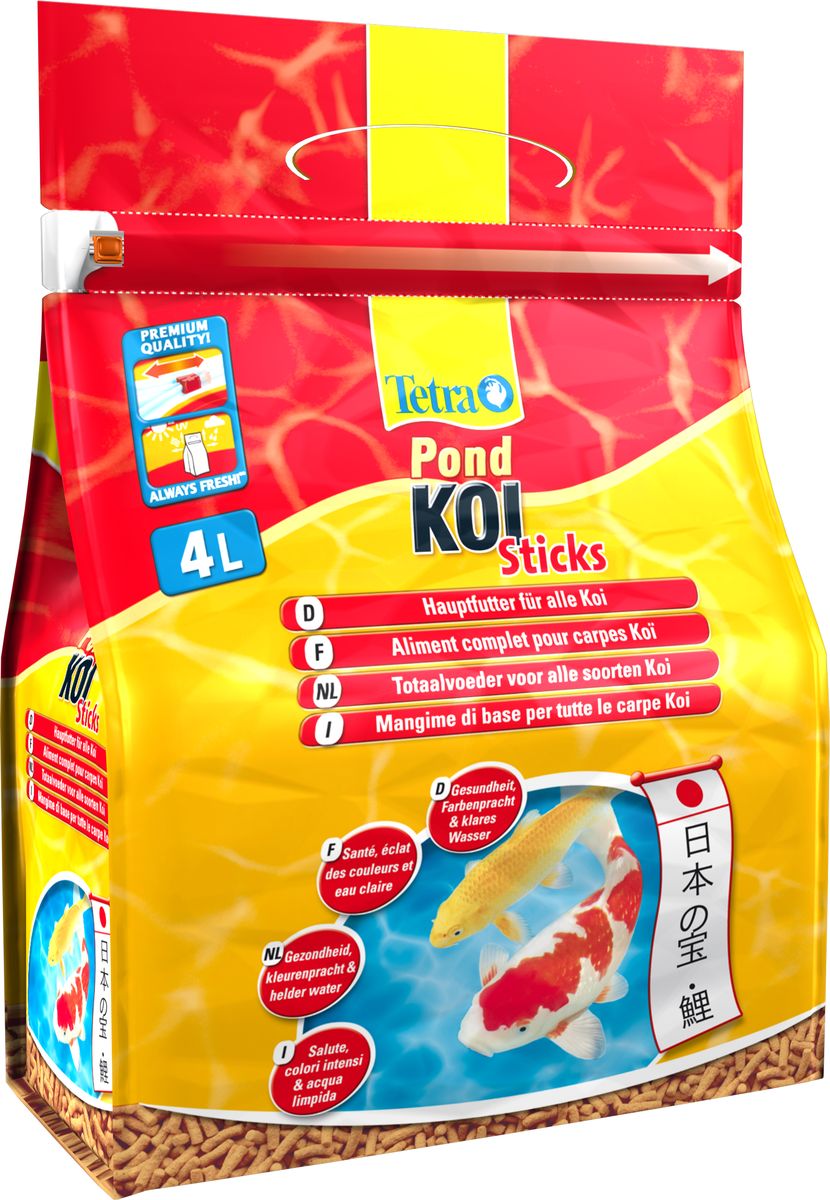 Корм сухой для кои Tetra Koi Sticks, палочки, 4 л170186 Корм сухой для кои Tetra Koi Sticks, палочки, 4 л170186Tetra Pond Koi Sticks - это сухой высококачественный корм в виде палочек, предназначенный для всех карпов кои. Содержит все необходимые нутриенты, витамины и микроэлементы для сбалансированной и здоровой диеты карпов кои; Натуральные колоранты (высококачественные каротеноиды) усиливает красный, желтый и оранжевый пигмент в окрасе рыб; Быстрое размягчение и высокая усвояемость корма рыбами снижает уровень загрязнения воды в пруде; Плотно закрывающийся пакет защищает корм от вредного воздействия солнечных лучей, воздуха и влаги, сохраняя свежесть и питательную ценность продукта. Товар сертифицирован.