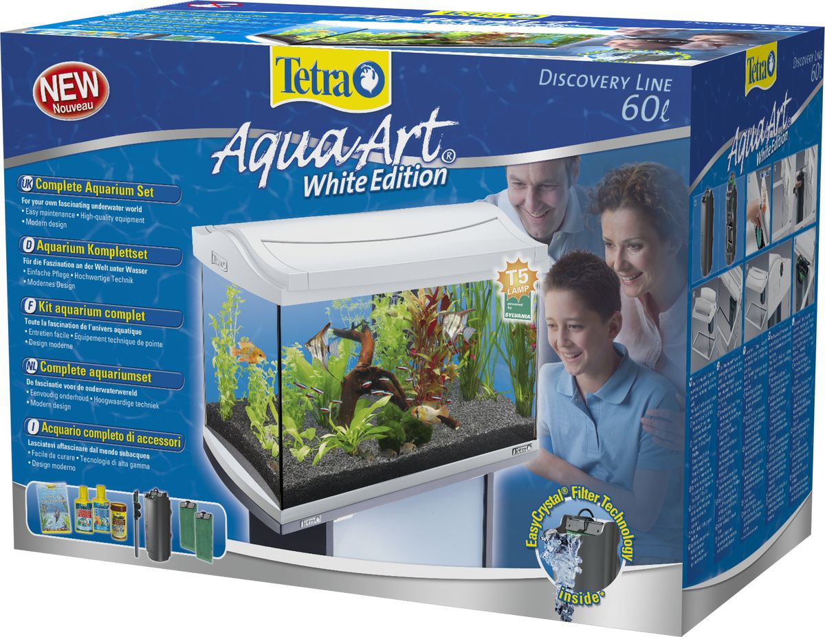 Аквариумный комплекс Tetra AquaArt, цвет: белый, 60 л211926 Аквариумный комплекс Tetra AquaArt, цвет: белый, 60 л211926Аквариумный комплекс Tetra AquaArt сочетает в себе совершенный дизайн, высококачественную технику и простоту в обслуживании. Прочное 5мм флоат-стекло, свободное от искажений и с обработанными краями. Стабильная крышка с люминисцентной Т5 лампой продолжительного использования 13Вт для превосходного освещения и яркости. Большое удобное отверстие облегчает процесс кормления и предусматривает легкий доступ к оборудованию. Инновационный фильтр Tetra EasyCrystal FilterBox c двумя запасными фильтровочными губками для кристально прозрачной, здоровой воды. Удобные держатели на рамке аквариума позволяют легко закрепить фильтр. Фильтр очень легко чистить; нужно лишь заменять картридж каждые 4 недели. Нет необходимости промывать фильтрующую губку, а значит, ваши руки останутся сухими! Высококачественный дизайн аквариума в модном цветовом решении, современное оборудование. Высокоточный терморегулятор Tetra HT...