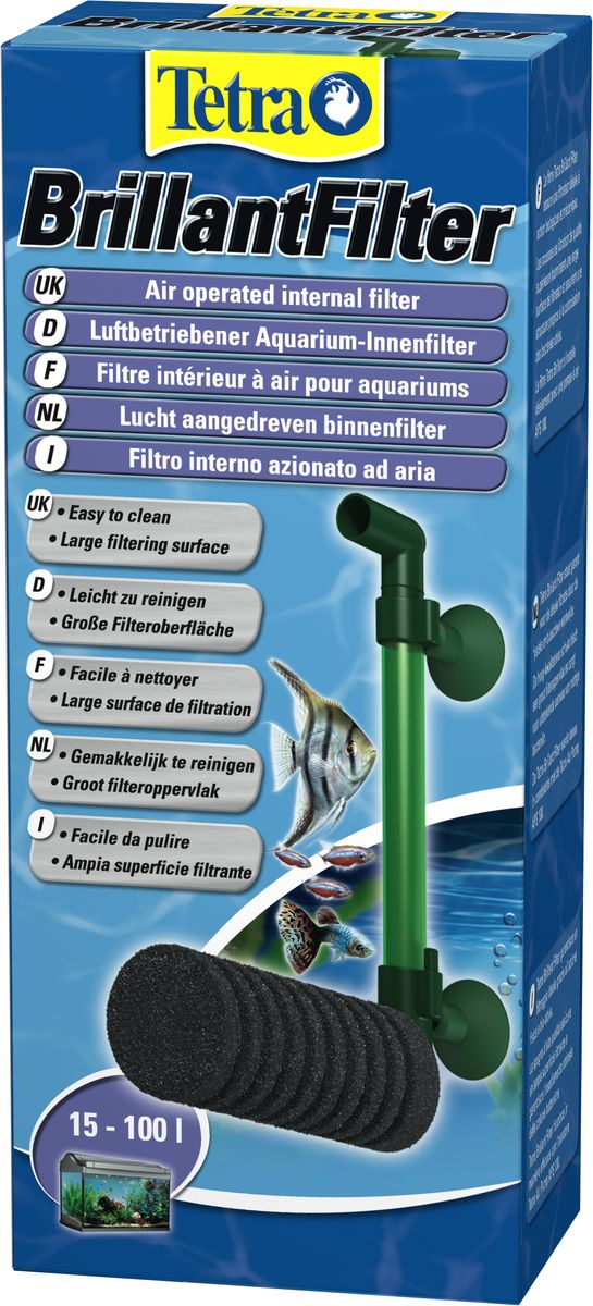 Внутренний фильтр для аквариумов Tetra Brillant Filter, 15-100 л751590 Внутренний фильтр для аквариумов Tetra Brillant Filter, 15-100 л751590Внутренний фильтр Tetra Brillant Filter с фильтрующей губкой и трубкой для засасывания воздуха для аквариумов до 100 л. идеальный процесс механической и биологической очистки воды; фильтрующая губка произведена из высококачественного нетоксичного и плотного материала; структура губки представляет собой пористый лабиринт, способствующий заселению полезных бактерий, участвующих в важных биологических процессах; структура губки не изменяется после долгой эксплуатации; позволяет дополнительное поступление кислорода и тем самым улучшенную циркуляцию воды; легко перемещаем и прост в эксплуатации; легко очищаем; идеальная комбинация с воздушным компрессором Tetra APS 100.