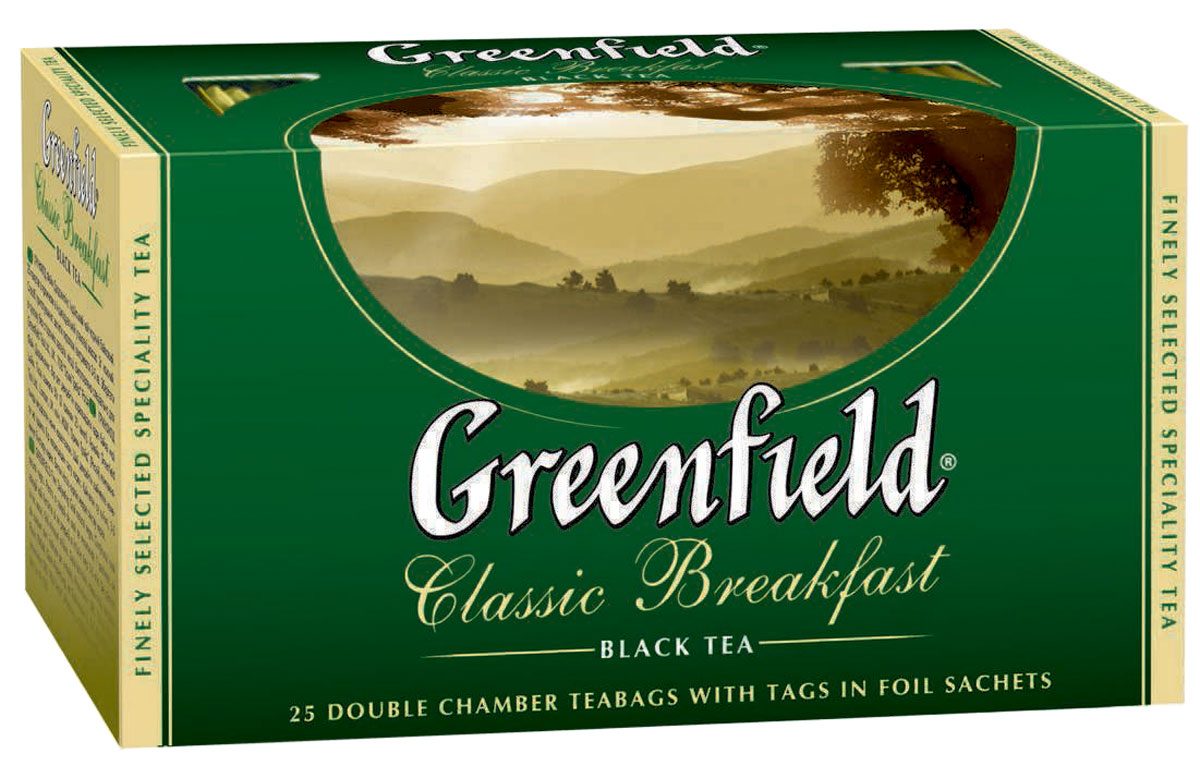 Greenfield Classic Breakfast черный чай в пакетиках, 25 шт0354-15 Greenfield Classic Breakfast черный чай в пакетиках, 25 шт0354-15Ценные сорта чая с лучших плантаций северной Индии легли в основу Greenfield Classic Breakfast. Терпкий сочный вкус, нежный аромат и сильный тонизирующий эффект делают Greenfield Classic Breakfast идеальным для утреннего чаепития.