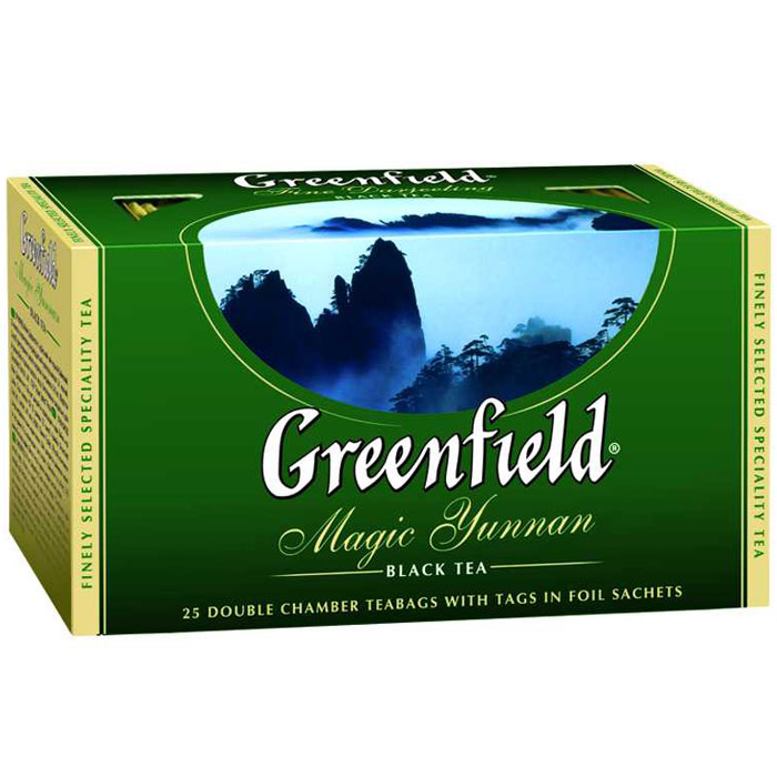 Greenfield Magic Yunnan черный чай в пакетиках, 25 шт0356-15 Greenfield Magic Yunnan черный чай в пакетиках, 25 шт0356-15Особенный черный чай Greenfield Magic Yunnan со знаменитой высокогорной китайской плантации поражает неожиданным сочетанием двух изысканных вкусовых нот - дымного аромата и легкого оттенка чернослива. Неповторимый вкус чая Greenfield Magic Yunnan волнует душу и питает воображение.