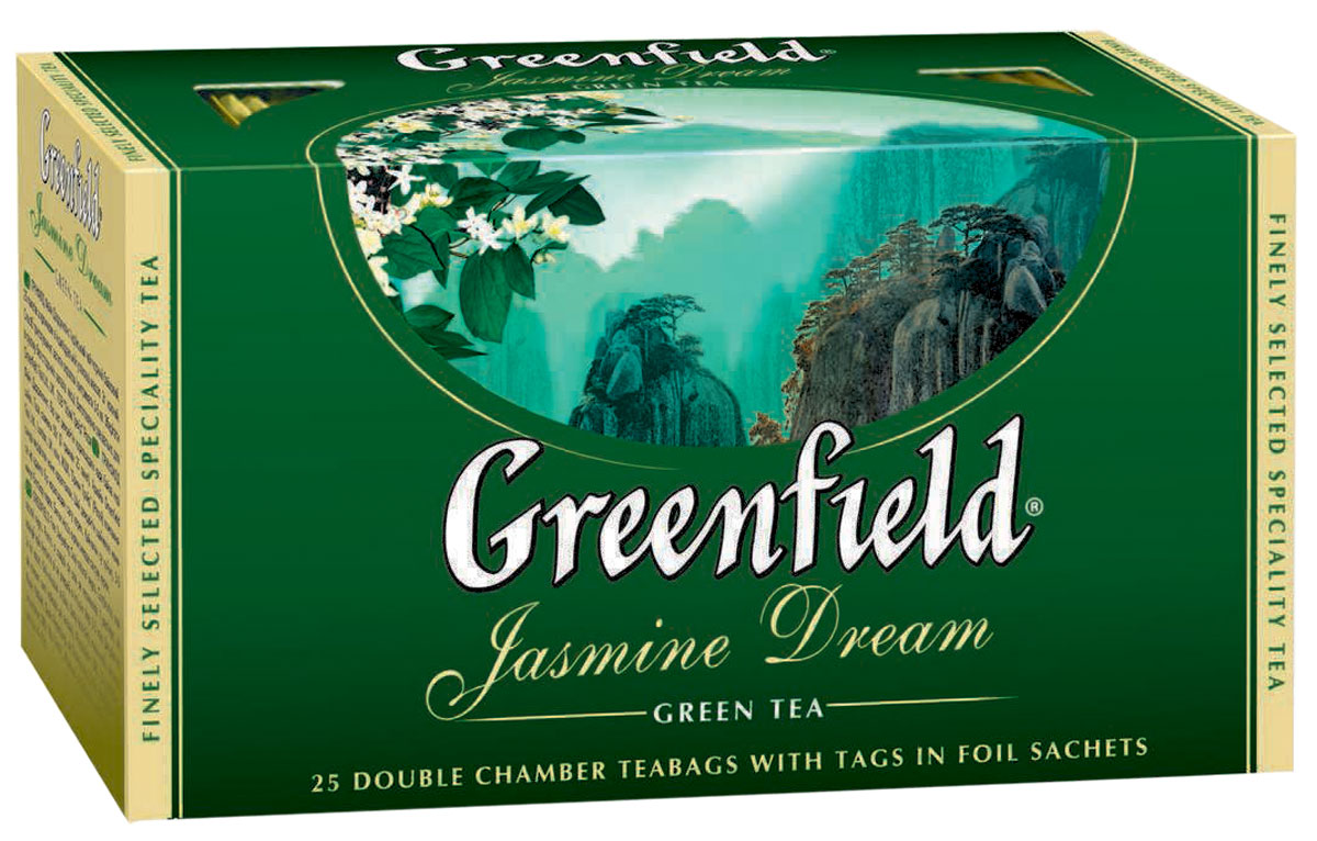 Greenfield Jasmine Dream зеленый ароматизированный чай в пакетиках, 25 шт0373-15 Greenfield Jasmine Dream зеленый ароматизированный чай в пакетиках, 25 шт0373-15Жасминовый чай ценится за особенный бодрящий эффект. Воздушный аромат жасмина подчеркивает чистый, освежающий вкус благородного зеленого чая из провинции Юньнань.Вместе с Greenfield Jasmine Dream приходит весеннее настроение!
