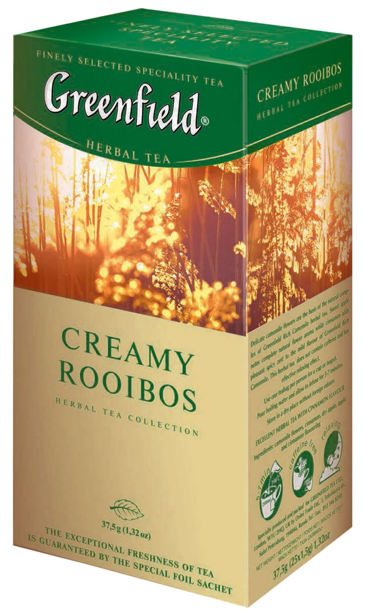 Greenfield Creamy Rooibos травяной чай в пакетиках, 25 шт0524-10 Greenfield Creamy Rooibos травяной чай в пакетиках, 25 шт0524-10Естественный сладковатый вкус этнического напитка Greenfield Creamy Rooibos из молодых побегов южноафриканского кустарника ройбош становится еще более выразительным благодаря тонкому, едва уловимому оттенку ванили. Яркий аромат апельсина подчеркивает свежесть природного букета. Не содержит кофеина, является природным антиоксидантом, хорошо утоляет жажду и снимает напряжение.