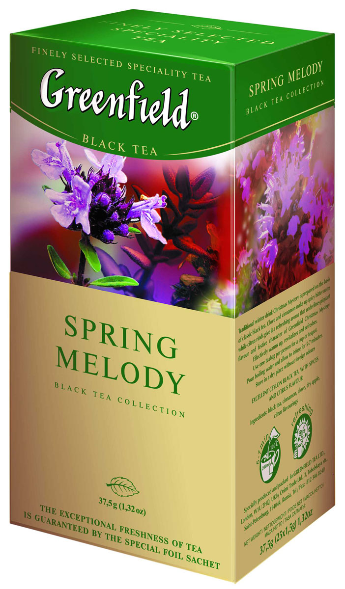 Greenfield Spring Melody черный чай в пакетиках, 25 шт0525-10 Greenfield Spring Melody черный чай в пакетиках, 25 шт0525-10Приятная терпкость, присущая дорогим сортам индийского чая, пряный оттенок чабреца и прохладная мятная нотка создают неповторимый букет Greenfield Spring Melody - легкий, яркий и свежий, как дыхание весны. Нежный аромат, в котором слышится благоухание душистых трав, подчеркивает индивидуальность вкуса. Хорошо освежает и утоляет жажду.
