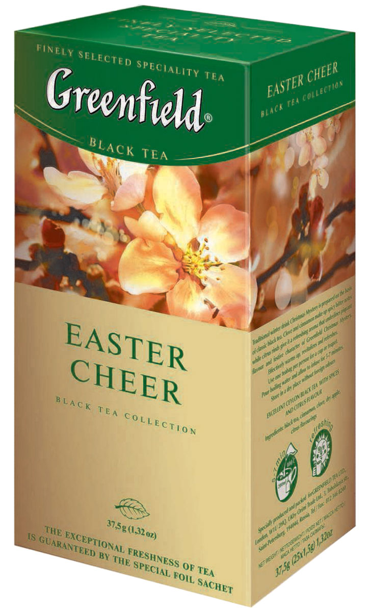 Greenfield Easter Cheer черный чай в пакетиках, 25 шт0526-10 Greenfield Easter Cheer черный чай в пакетиках, 25 шт0526-10Вся природная сила и глубина великолепного черного чая с лучших плантаций Индии воплощается в многогранном букете Greenfield Easter Cheer. Насыщенный, но мягкий вкус играет множеством сложных оттенков, а яркий радостный аромат, усиленный теплой волной ванили и острыми цитрусовыми искорками, напоминает о вечном обновлении ликующей природы. Хорошо тонизирует и освежает.