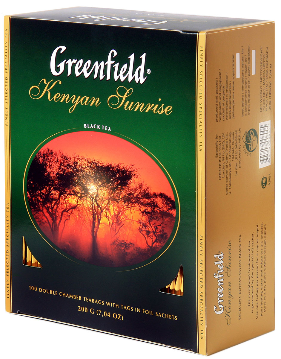 Greenfield Kenyan Sunrise черный чай в пакетиках, 100 шт0600-09 Greenfield Kenyan Sunrise черный чай в пакетиках, 100 шт0600-09Удивительная полнота насыщенного терпкого вкуса и тонкий аромат Greenfield Kenyan Sunrise - память о первозданной природе вечной Африки, а праздничная яркость янтарного настоя-словно отблеск жаркого африканского солнца, круглый год сияющего над плантациями Керичо, где собирали Greenfield Kenyan Sunrise.
