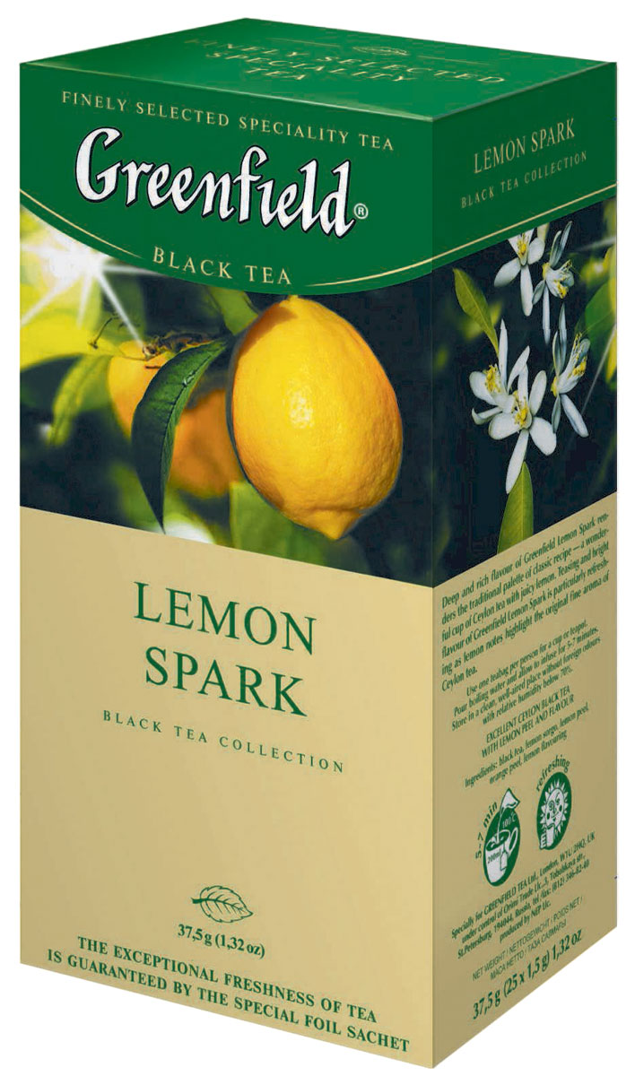 Greenfield Lemon Spark черный чай в пакетиках, 25 шт0711-10 Greenfield Lemon Spark черный чай в пакетиках, 25 шт0711-10Насыщенный, глубокий вкус Greenfield Lemon Spark, возрождающий классическую гамму традиционного рецепта, отрывает великолепное сочетание цейлонского чая и сочного лимона. Дразнящий легкий аромат Greenfield Lemon Spark освежает лимонными нотами, которые хорошо оттеняют тонкий природный аромат цейлонского чая.
