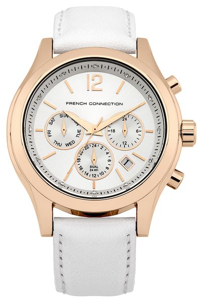 Часы женские наручные French Connection Mayfair, цвет: золотой, белый. FC1230WGFC1230WG Часы женские наручные French Connection Mayfair, цвет: золотой, белый. FC1230WGFC1230WGСтильные женские часы French Connection Mayfair выполнены из нержавеющей стали с IP Gold покрытием и натуральной кожи. Циферблат изделия оформлен чешскими кристаллами и изображением наименования бренда. Корпус изделия изготовлен из нержавеющей стали и имеет степень влагозащиты равную 3 atm. Часы оснащены многофункциональным механизмом JP25 c тремя стрелками, индикатором даты, тремя дополнительными циферблатами с индикаторами, ремешком из натуральной кожи с практичной пряжкой, которая позволит моментально снимать и одевать часы без лишних усилий. Часы French Connection French Connection Mayfair подчеркнут изящество женской руки и отменное чувство стиля их обладательницы.