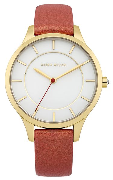 Часы наручные женские Karen Millen, цвет: золотой, коралловый. KM133RKM133R Часы наручные женские Karen Millen, цвет: золотой, коралловый. KM133RKM133RВеликолепные женские наручные часы Karen Millen выполнены из нержавеющей стали с покрытием. Циферблат изделия оформлен отметками, часовой, минутной и секундной стрелками. Также циферблат дополнен логотипом Karen Millen. Часы оснащены кварцевым механизмом Miyota 2035 и устойчивым к царапинам минеральным стеклом. Модель обладает степенью влагозащиты 5 atm. Изделие дополнено ремешком из натуральной кожи c тиснением под кожу рептилий, позволяющим максимально комфортно и быстро снимать и одевать часы при помощи пряжки. Часы поставляются на специальной подушечке в стильной коробке с логотипом Karen Millen. Стильные часы заставят окружающих обратить на вас внимание.