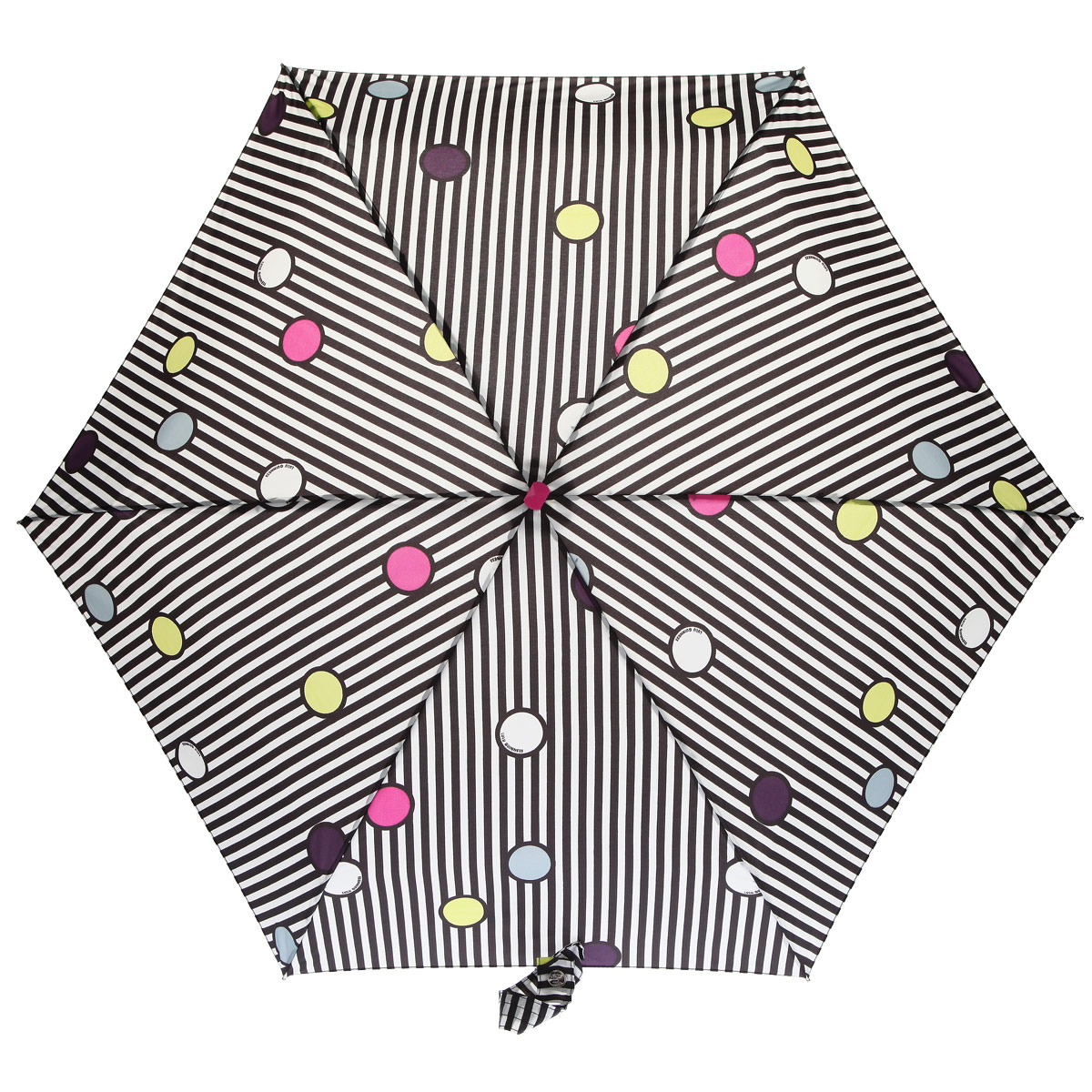 Зонт женский Fulton Lulu Guinness Tiny, механический, 5 сложений, цвет: черный, белый. L717-2782L717-2782 Зонт женский Fulton Lulu Guinness Tiny, механический, 5 сложений, цвет: черный, белый. L717-2782L717-2782Очаровательный механический зонт Lulu Guinness Tiny в 5 сложений изготовлен из высокопрочных материалов. Каркас зонта состоит из 6 спиц и прочного алюминиевого стержня. Купол зонта выполнен из прочного полиэстера с водоотталкивающей пропиткой и оформлен изображением в виде разноцветных горошков и полос. Рукоятка изготовлена из пластика. Зонт имеет механический механизм сложения: купол открывается и закрывается вручную до характерного щелчка. Небольшой шнурок, расположенный на рукоятке, позволяет надеть изделие на руку при необходимости. Модель закрывается при помощи хлястика на кнопку. К зонту прилагается чехол. Прелестный зонт не только выручит вас в ненастную погоду, но и станет стильным аксессуаром, прекрасно дополнит ваш модный образ. Необыкновенно компактный зонт с легкостью поместится в маленькую сумочку