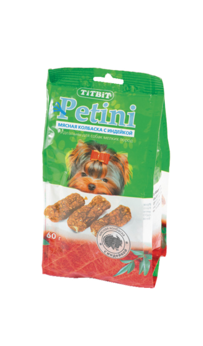 Лакомство для собак Titbit Petini, колбаски, с индейкой, 60 г2629 Лакомство для собак Titbit Petini, колбаски, с индейкой, 60 г2629Titbit Petini - вкусное и полезное лакомство для собак. Мясо индейки во многом схоже с куриным. Пуриновых оснований в нем почти в два раза больше, нежели в курятине. Индейка содержит много витаминов группы В и фосфора. Не вызывает пищевой аллергии и подходит собакам с чувствительной системой пищеварения. Состав: мясо индейки и мясные субпродукты (не менее 92%), кукуруза, минеральные вещества. Товар сертифицирован.