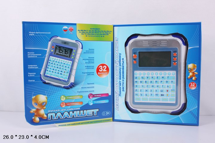 Компьютер Joy Toy Планшет, обучающий, русско-английскийA848-H05062 Компьютер Joy Toy Планшет, обучающий, русско-английскийA848-H05062Обучающий компьютер планшет, русско-английский JOYTOY на батарейках отличный подарок для Вашего ребенка! Русско-английский обучающий компьютер поможет Вашему малышу выучить буквы, научиться читать, писать.Задачки по математике помогут научиться считать и распоздновать цифры, разовьют логические способности.Музыкальные задания разовьют слух ребенка. 9 игр позволят малышу отдохнуть от занятий и развлечься. Планшет удобно брать с собой в путешествия и на прогулку. Жидко-кристаллический экран безопасен для глаз ребенка. В планшет входит 32 функции обучения,9 увлекательных игр. Работает от 3-х батареек типа АА ( в комплект не входят).